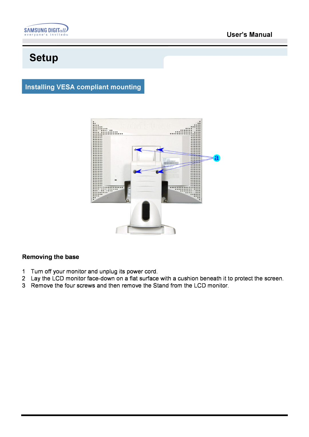 Samsung 171B, 171S, 181B, 171T, 171Q manual Installing VESA compliant mounting, Setup, User’s Manual, Removing the base 