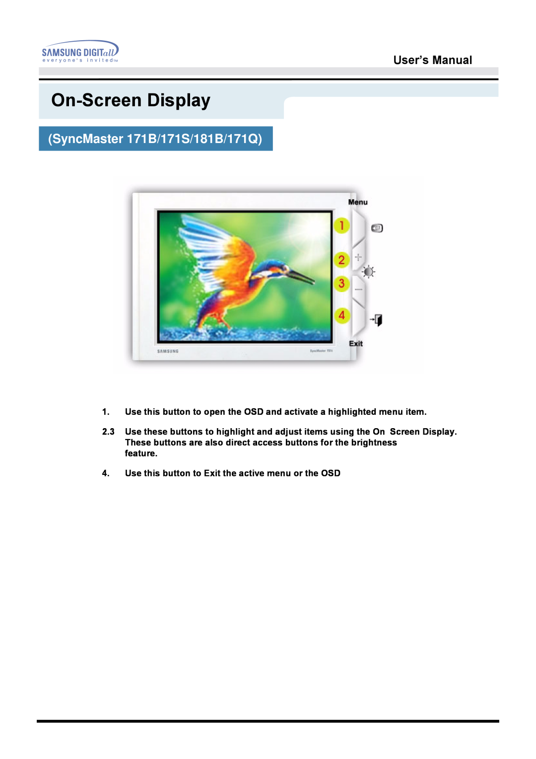 Samsung 171B, 171S, 181B, 171T, 171Q manual On-Screen Display, SyncMaster 171B/171S/181B/171Q, User’s Manual 