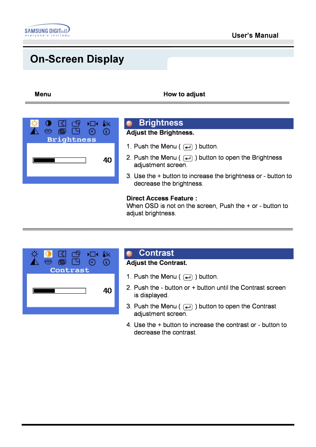 Samsung 171B, 171S, 181B, 171T, 171Q manual Brightness, Contrast, On-Screen Display, User’s Manual, Menu, How to adjust 