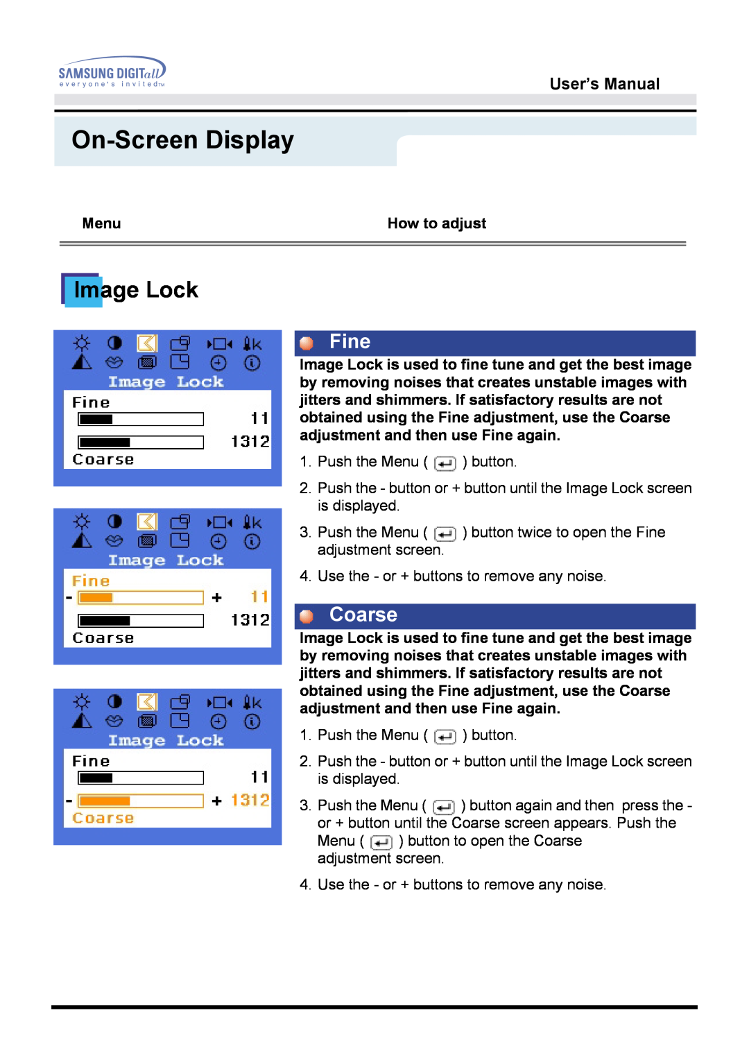 Samsung 171B, 171S, 181B, 171T, 171Q manual Image Lock, Fine, Coarse, On-Screen Display, User’s Manual 