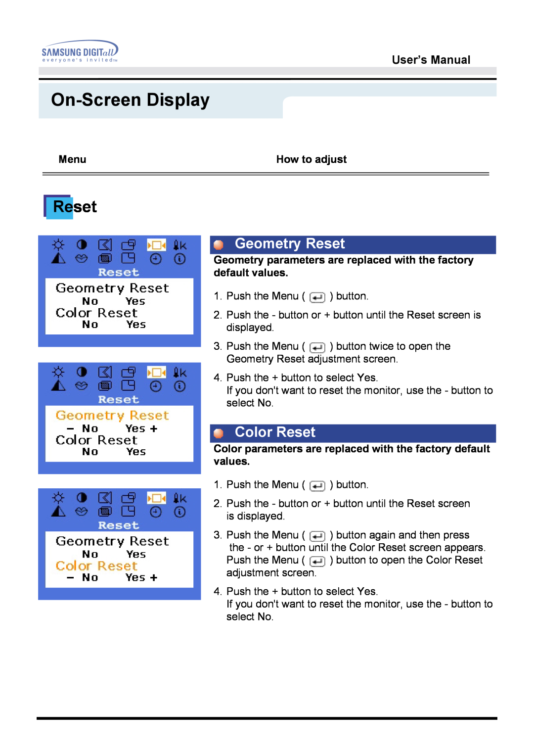 Samsung 171B, 171S, 181B, 171T, 171Q manual Geometry Reset, Color Reset, On-Screen Display, User’s Manual 