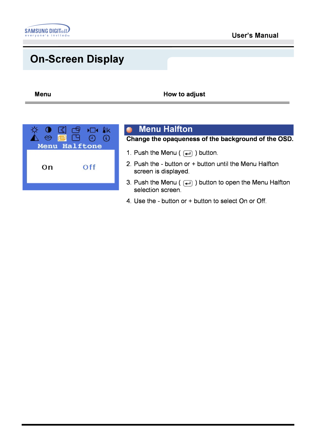 Samsung 171B, 171S, 181B, 171T, 171Q manual Menu Halfton, On-Screen Display, User’s Manual 