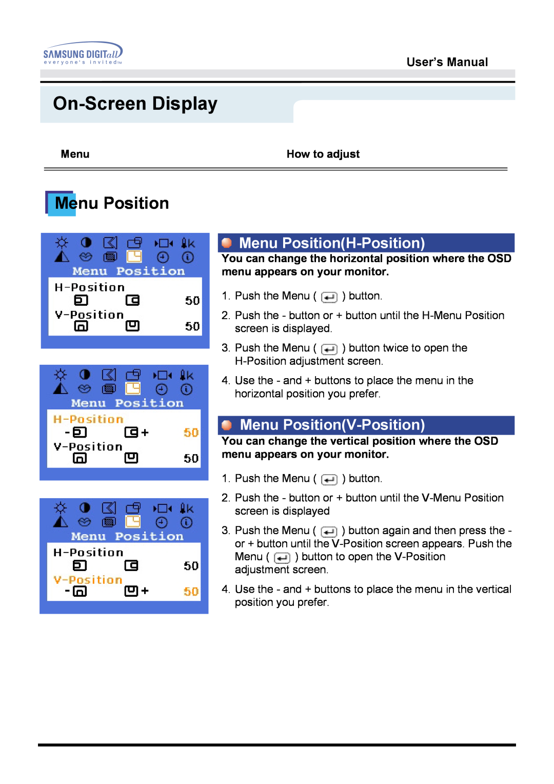 Samsung 171Q manual Menu PositionH-Position, Menu PositionV-Position, On-Screen Display, User’s Manual 