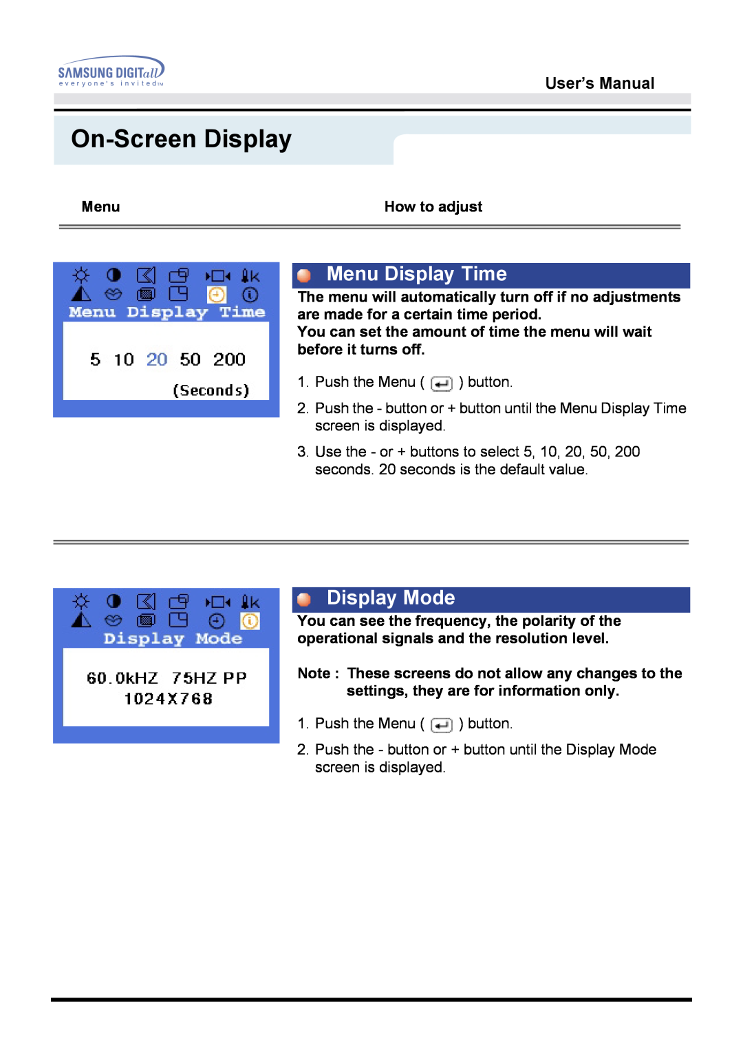 Samsung 171B, 171S, 181B, 171T, 171Q manual Menu Display Time, Display Mode, On-Screen Display, User’s Manual 