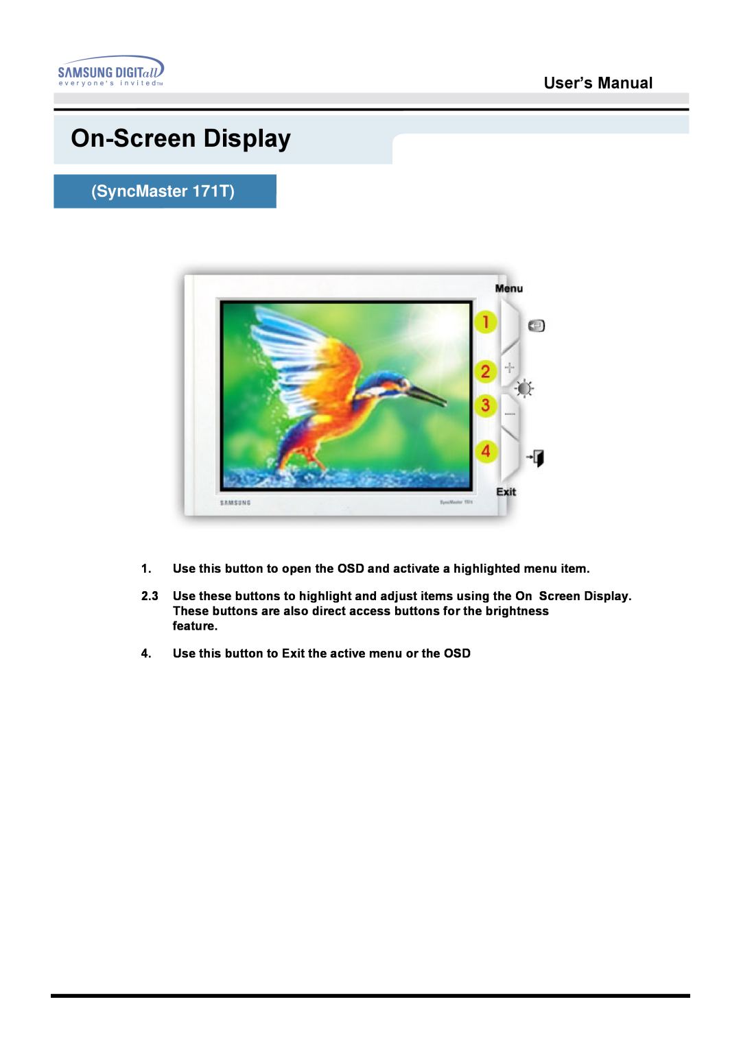 Samsung 171B, 171S, 181B, 171T, 171Q manual SyncMaster 171T, On-Screen Display, User’s Manual 