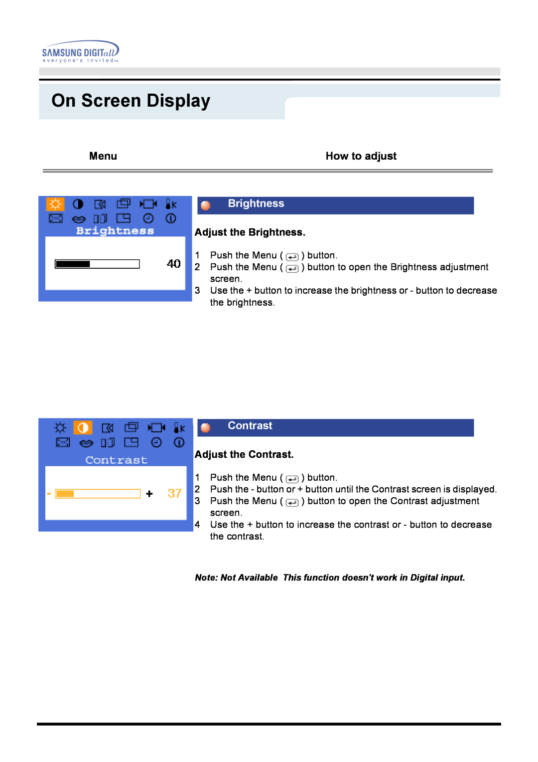 Samsung 171B, 171S, 181B, 171T, 171Q manual On Screen Display, Adjust the Brightness, Adjust the Contrast 