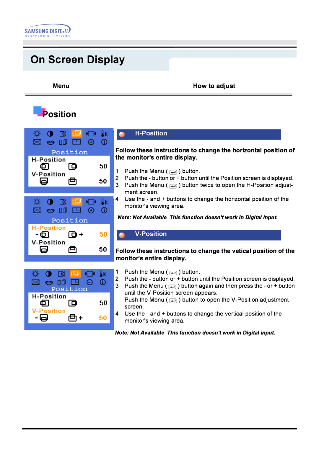 Samsung 171B, 171S, 181B, 171T, 171Q manual H-Position, V-Position, On Screen Display 