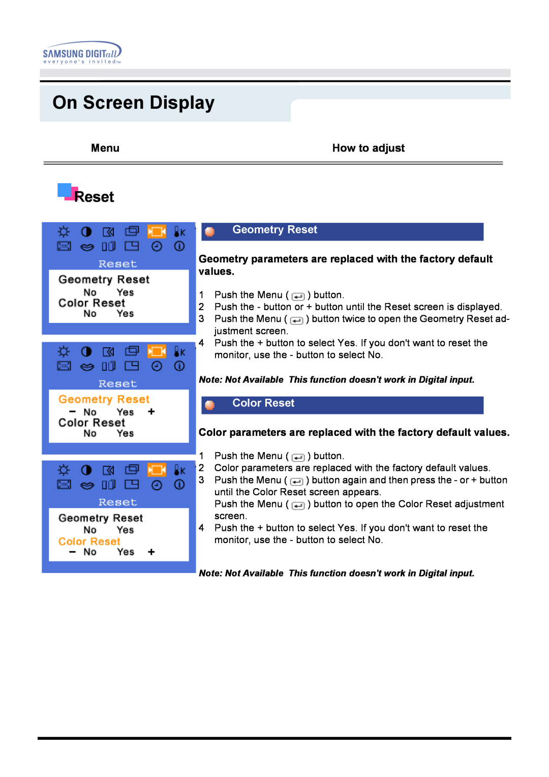 Samsung 171B, 171S, 181B, 171T, 171Q manual Geometry Reset, Color Reset, On Screen Display 