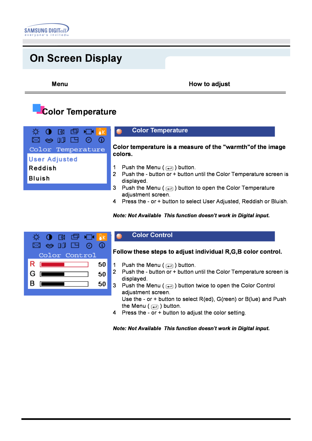 Samsung 171B, 171S, 181B, 171T, 171Q manual Color Temperature, Color Control, On Screen Display 