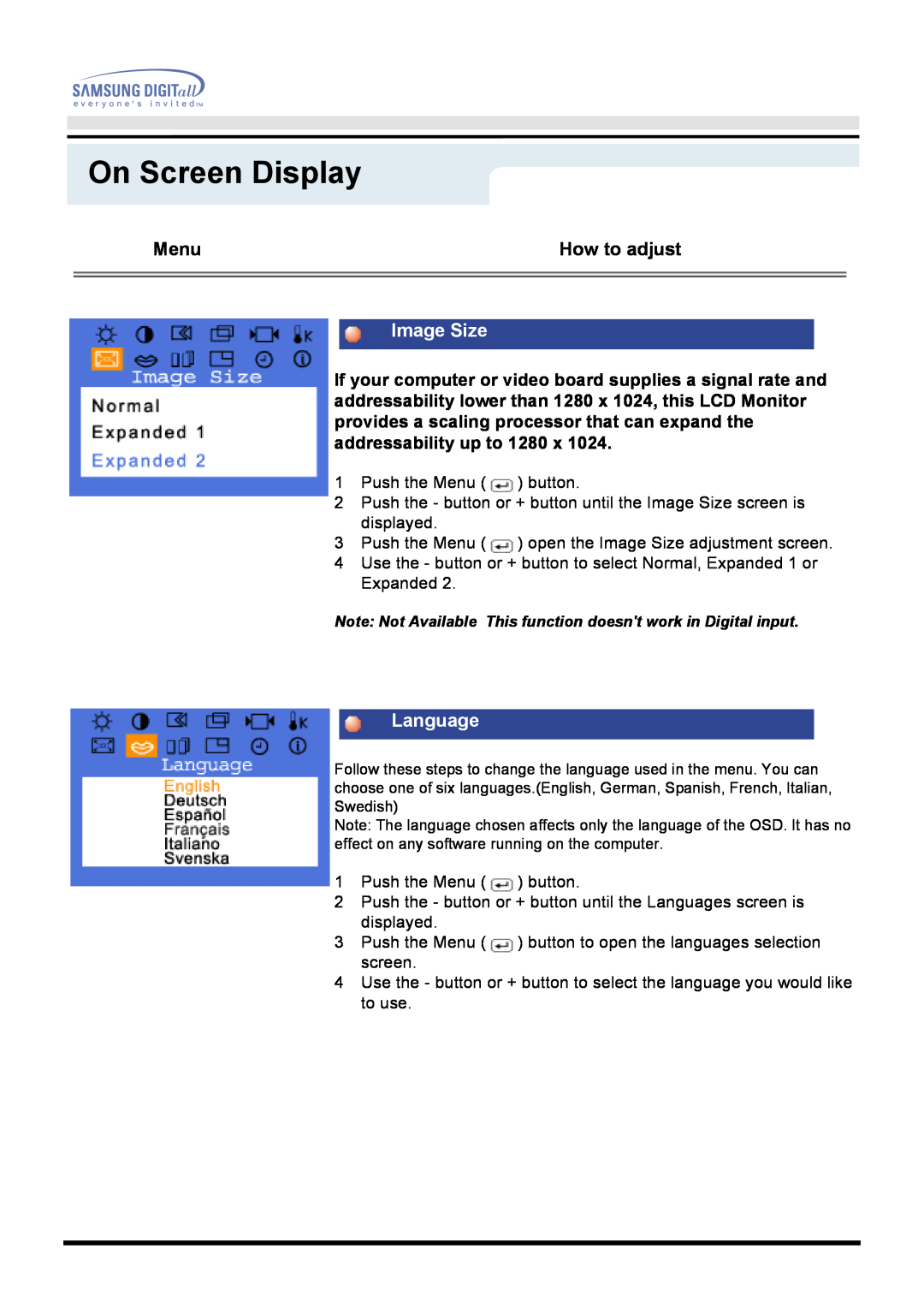 Samsung 171B, 171S, 181B, 171T, 171Q manual Image Size, Language, On Screen Display 