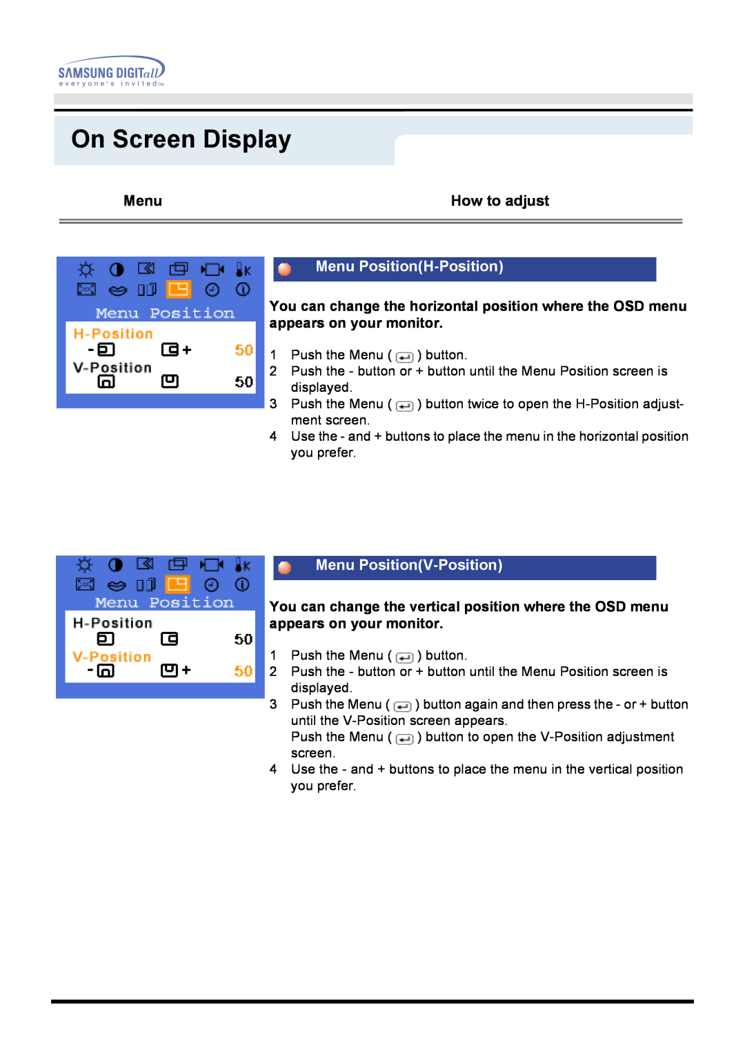 Samsung 171B, 171S, 181B, 171T, 171Q manual Menu PositionH-Position, Menu PositionV-Position, On Screen Display 