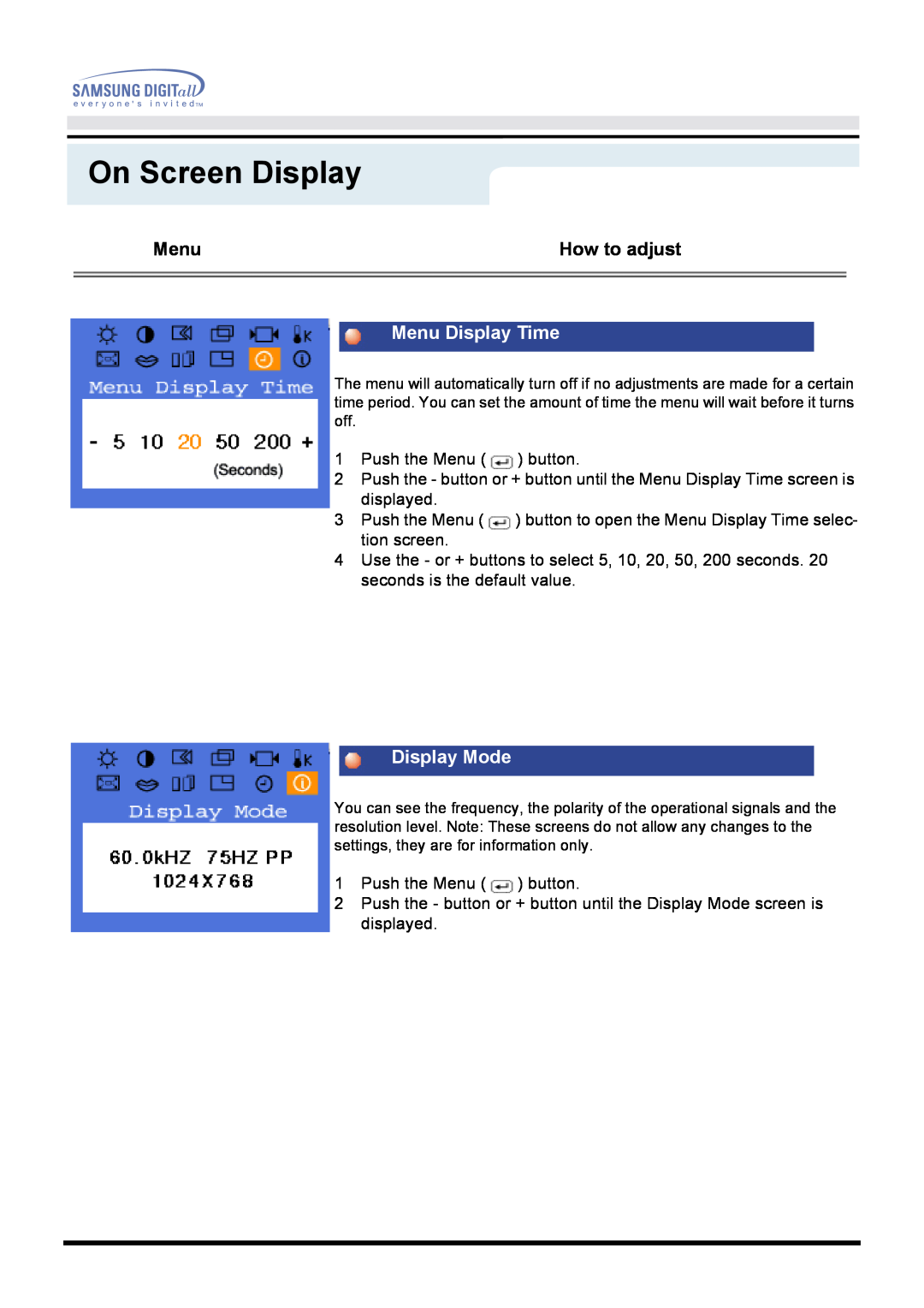 Samsung 171B, 171S, 181B, 171T, 171Q manual Menu Display Time, Display Mode, On Screen Display 