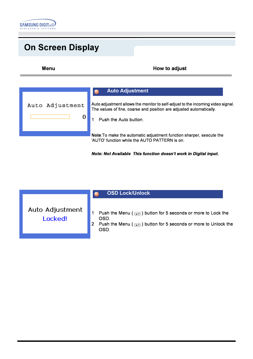 Samsung 171B, 171S, 181B, 171T, 171Q manual Auto Adjustment, OSD Lock/Unlock, On Screen Display, Push the Auto button 