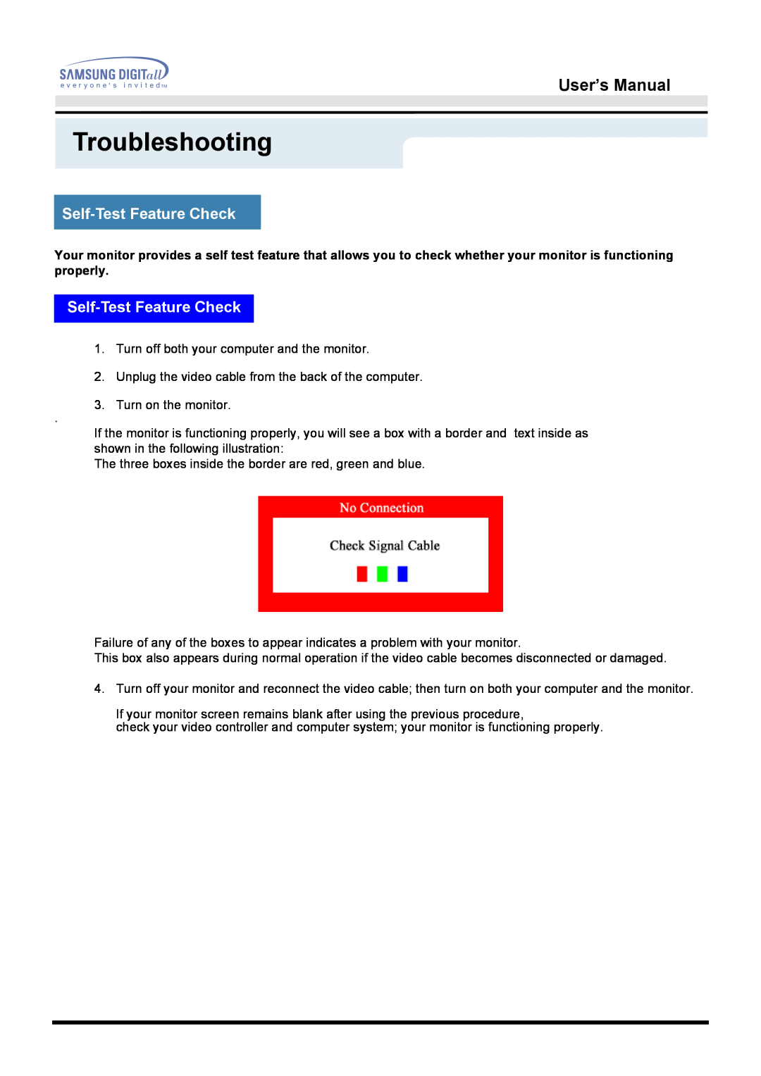 Samsung 171Q manual Self-Test Feature Check, Troubleshooting, User’s Manual, Turn off both your computer and the monitor 