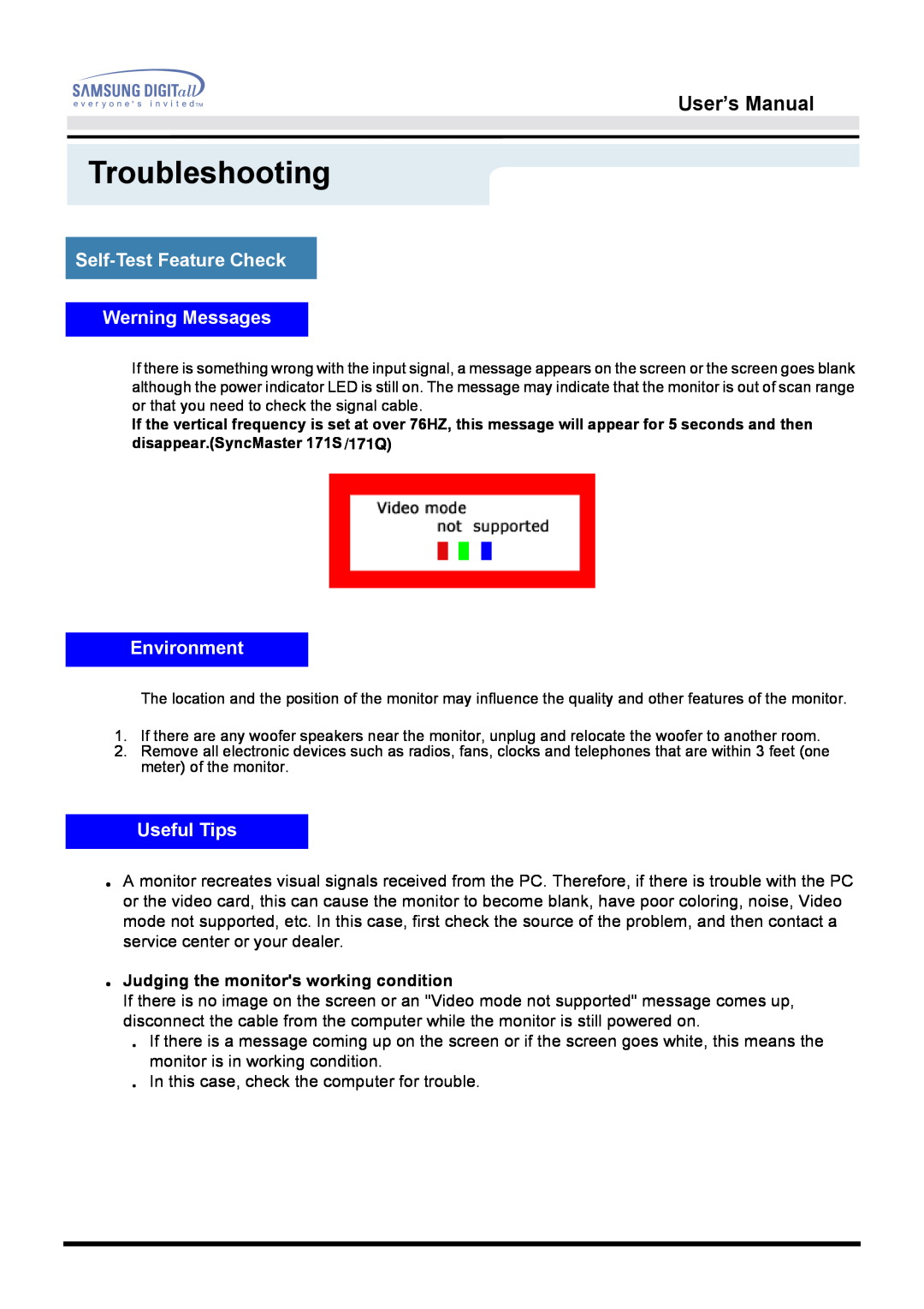 Samsung 171B, 171S, 181B, 171T, 171Q Self-Test Feature Check Werning Messages, Environment, Useful Tips, Troubleshooting 