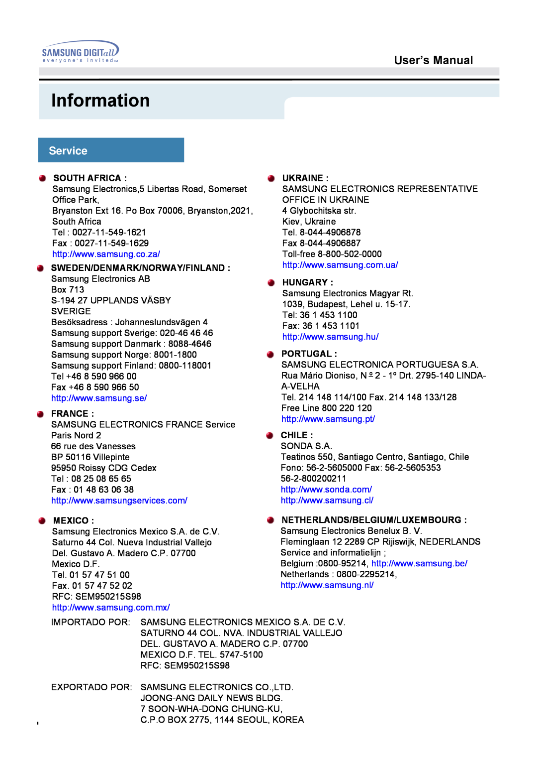 Samsung 171Q Service, Information, User’s Manual, South Africa, Sweden/Denmark/Norway/Finland, France, Mexico, Ukraine 