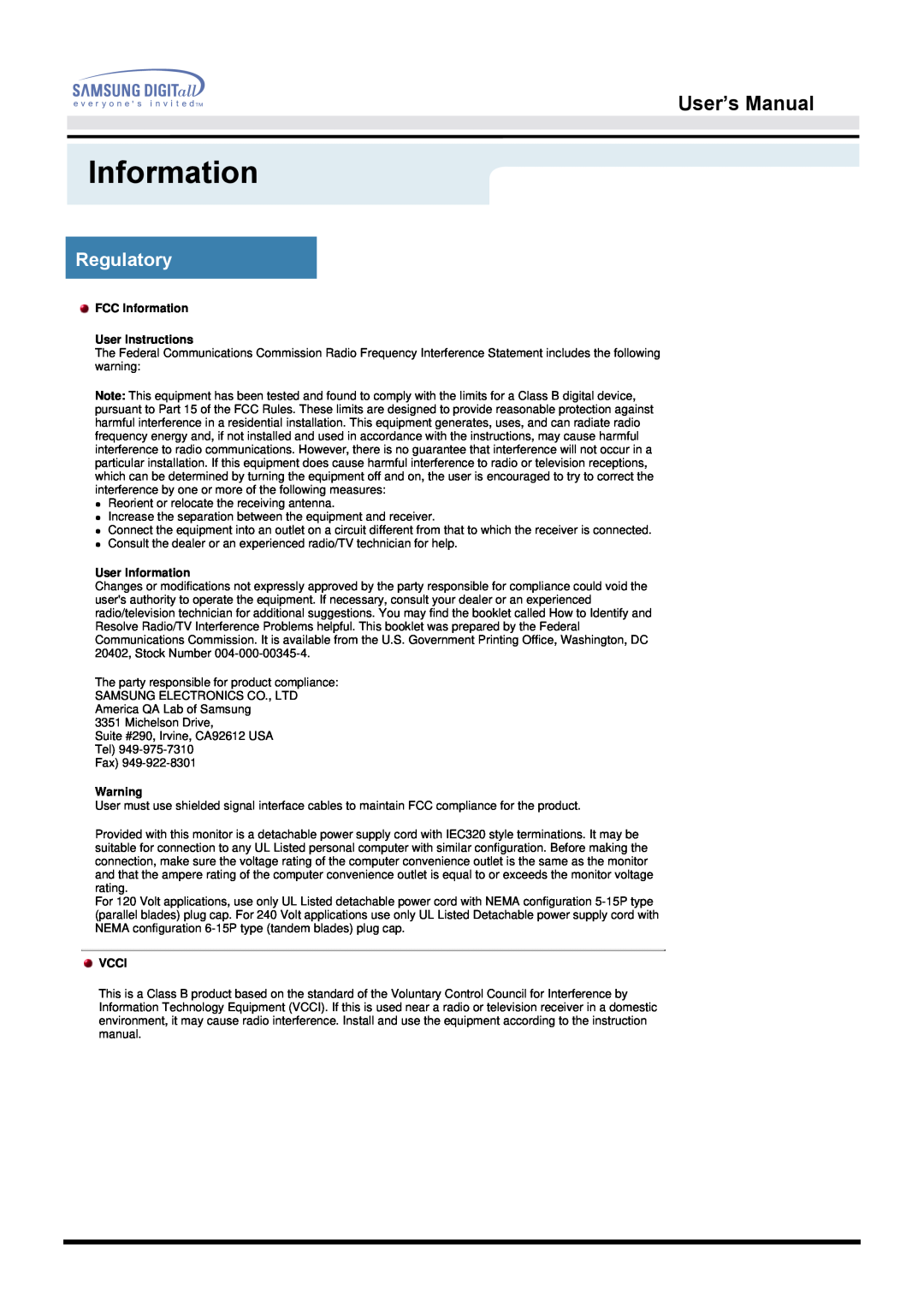 Samsung 171Q manual Regulatory, User’s Manual, FCC Information User Instructions, User Information, Vcci 