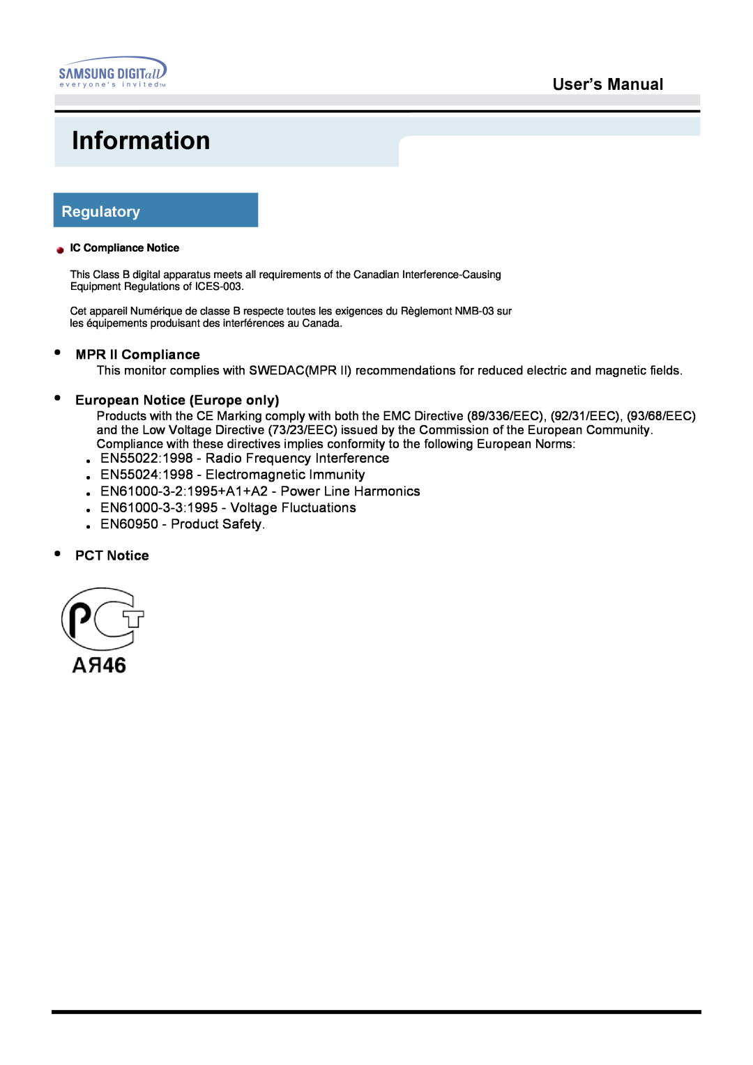 Samsung 171B, 171S, 181B, 171T, 171Q manual Information, User’s Manual, Regulatory, MPR II Compliance, PCT Notice 