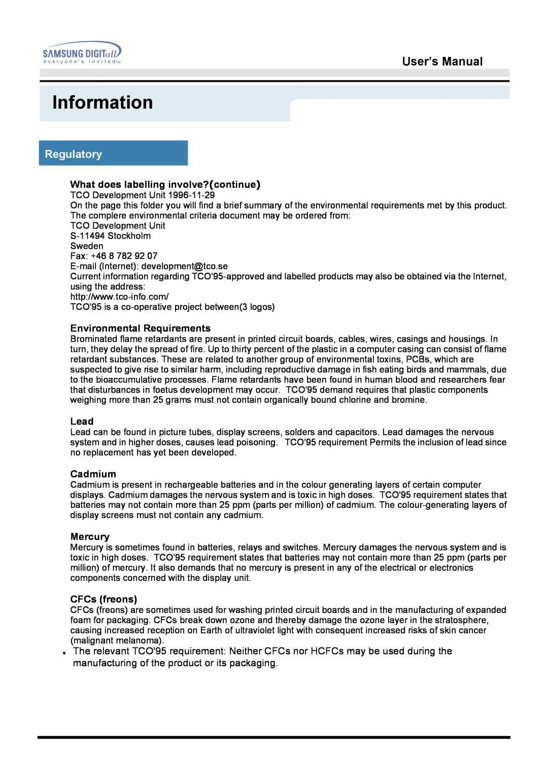 Samsung 171B, 171S, 181B, 171T, 171Q Information, User’s Manual, Regulatory, What does labelling involve?continue, Lead 