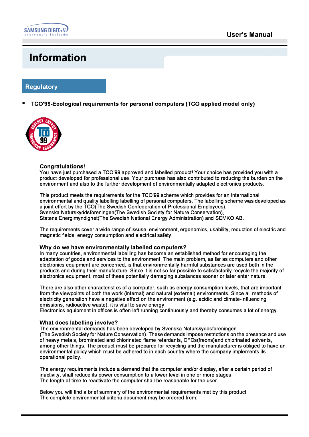 Samsung 171Q Information, User’s Manual, Regulatory, Congratulations, Why do we have environmentally labelled computers? 
