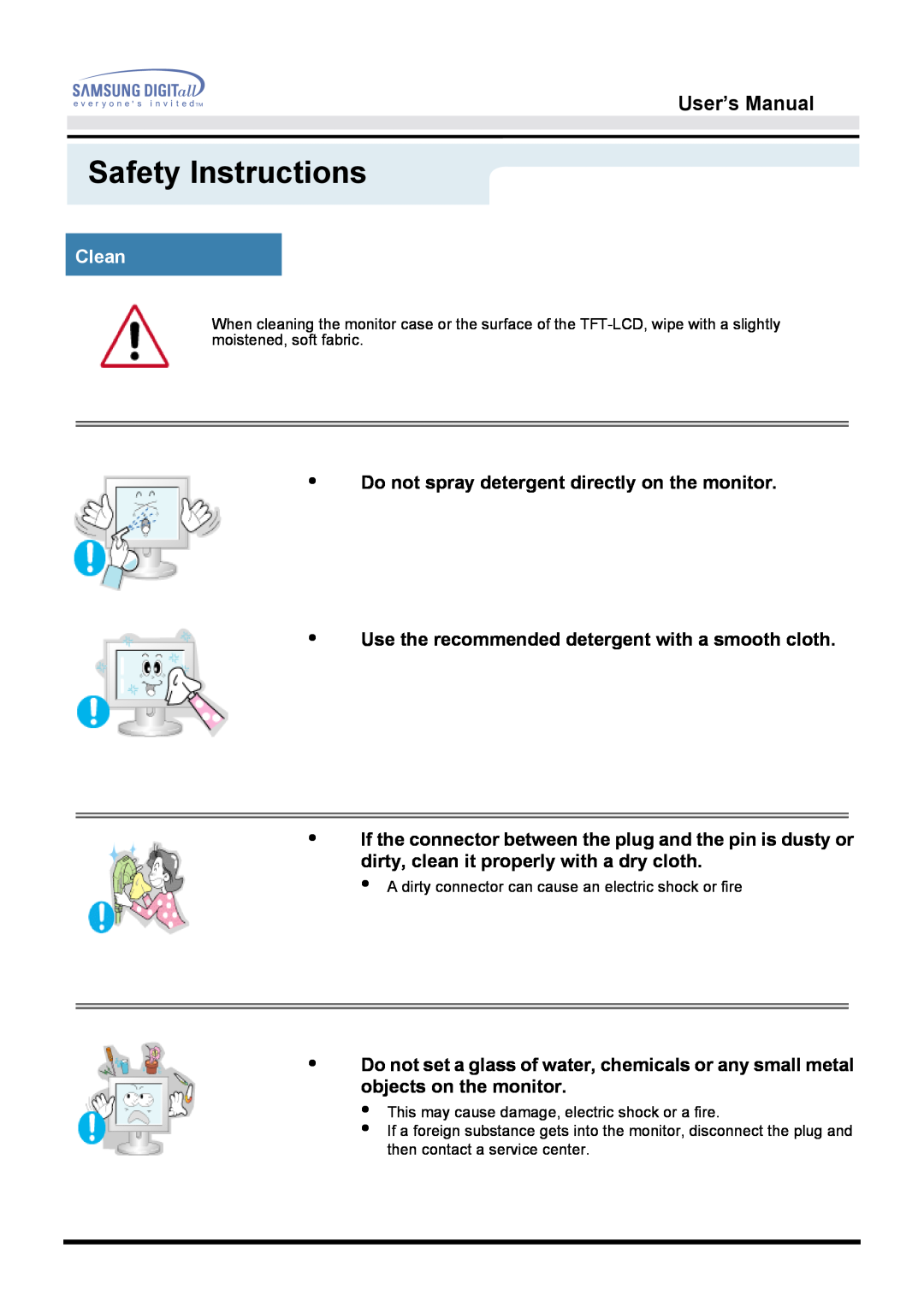 Samsung 171Q manual Clean, Safety Instructions, User’s Manual, Do not spray detergent directly on the monitor 