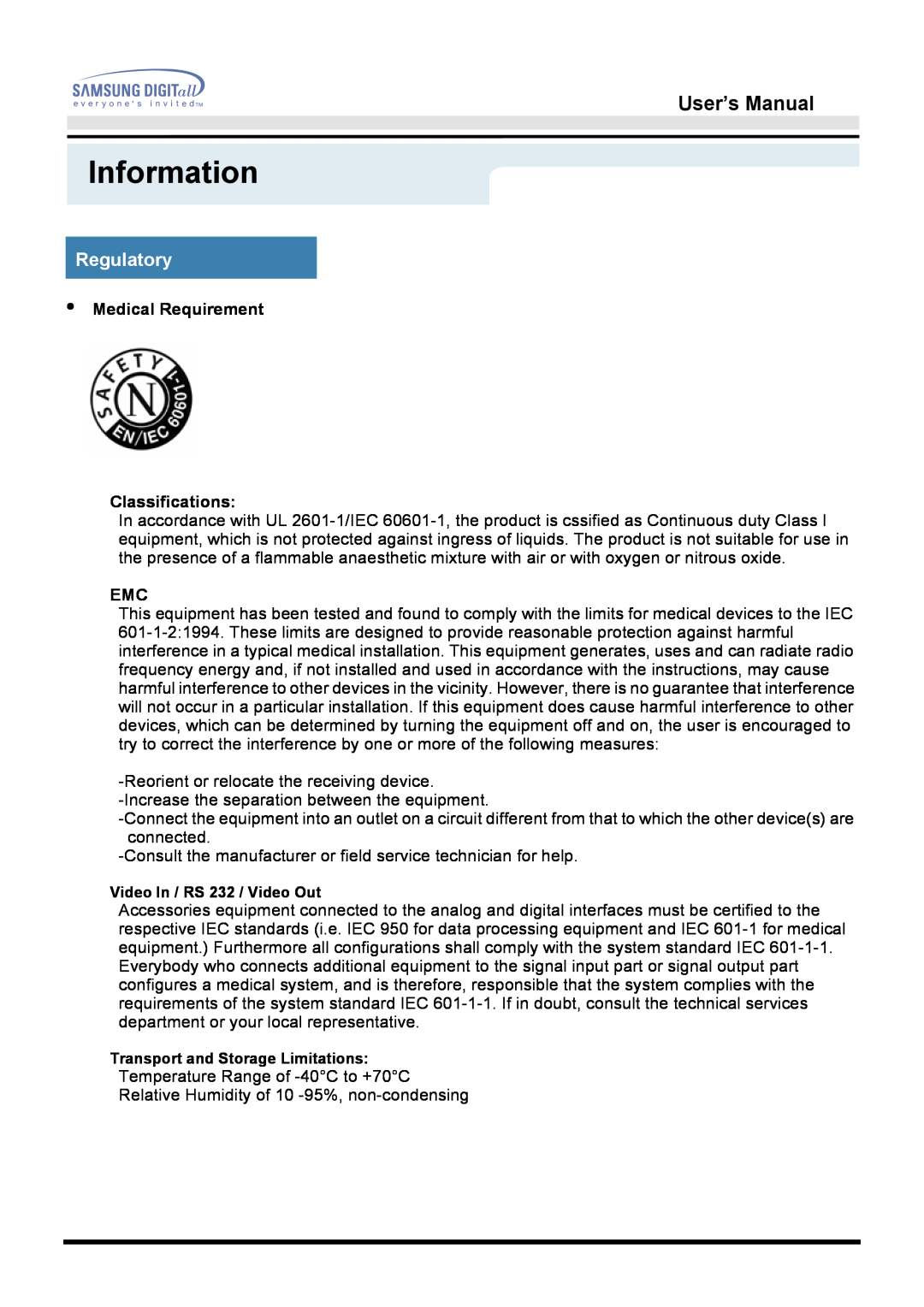 Samsung 171B, 171S, 181B, 171T, 171Q manual Information, User’s Manual, Regulatory, Medical Requirement Classifications 