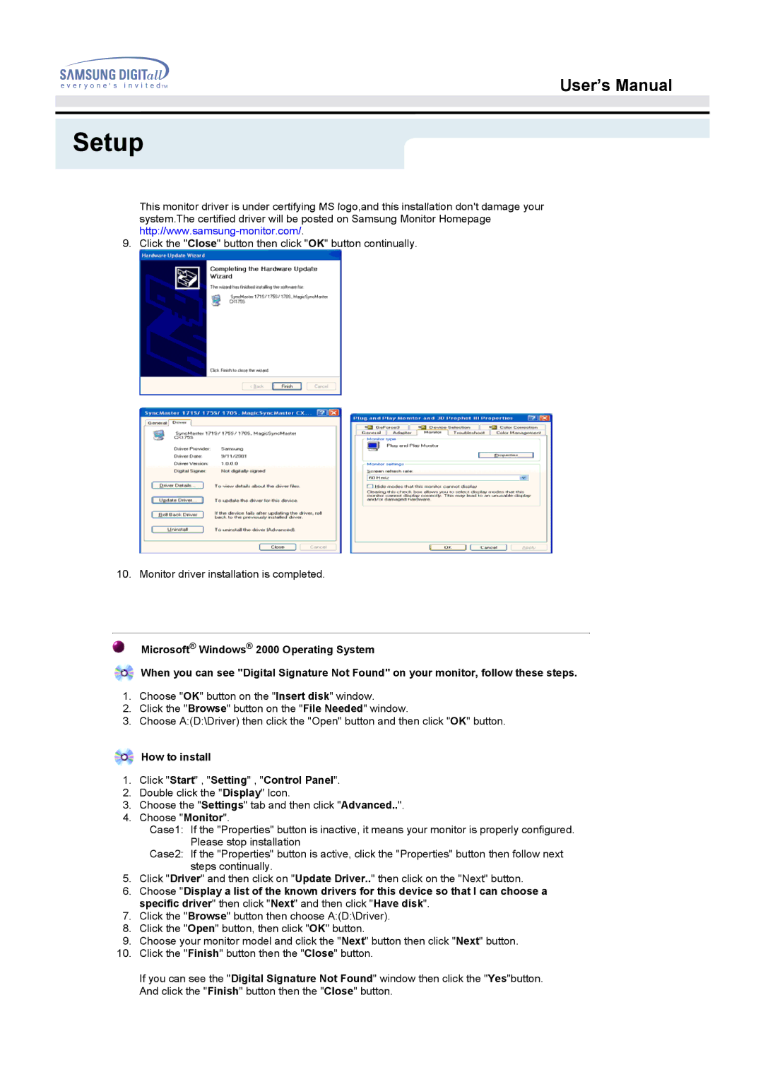 Samsung 172T, 172B manual How to install Click Start , Setting , Control Panel 