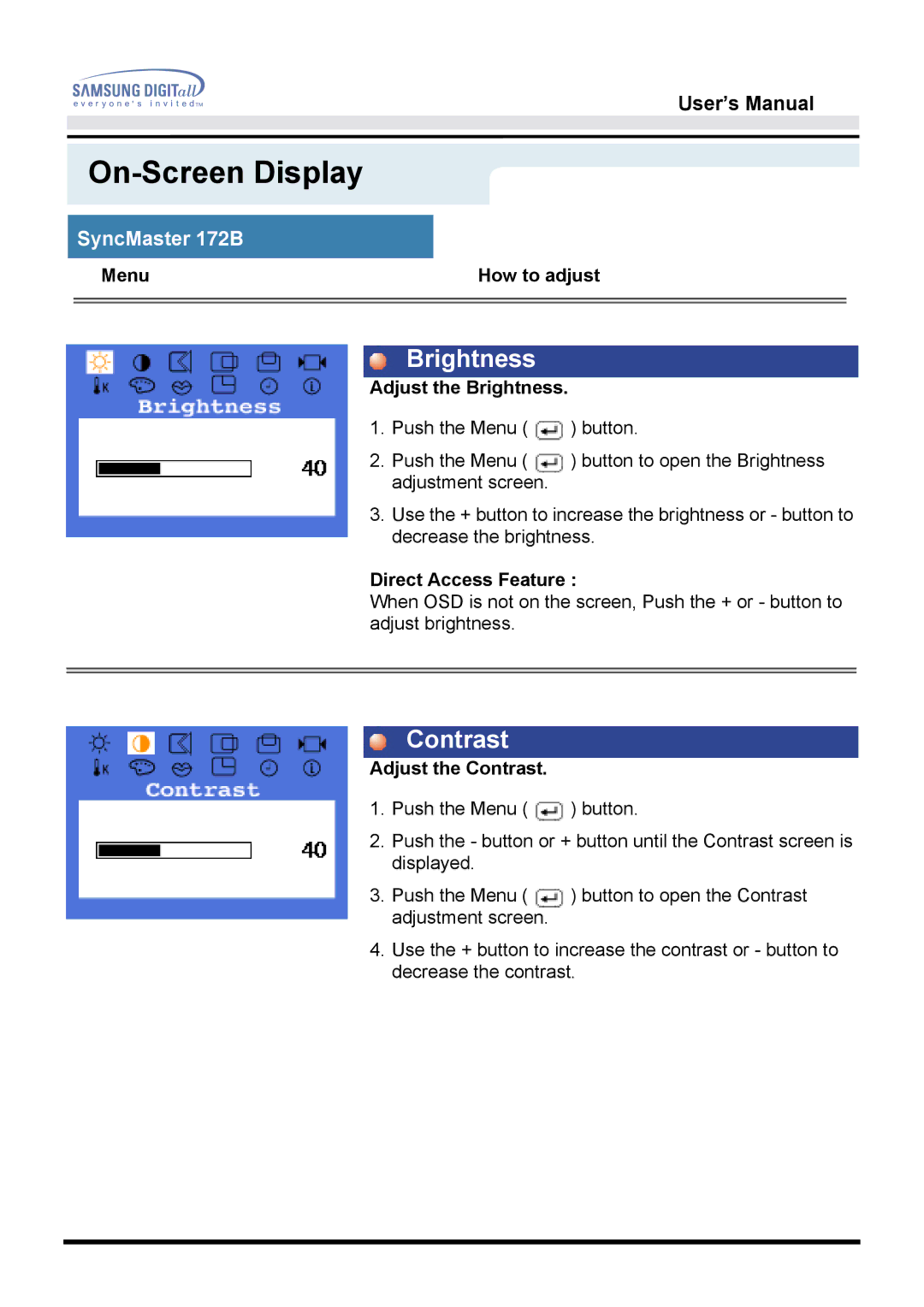 Samsung 172B, 172T manual Brightness, Contrast 