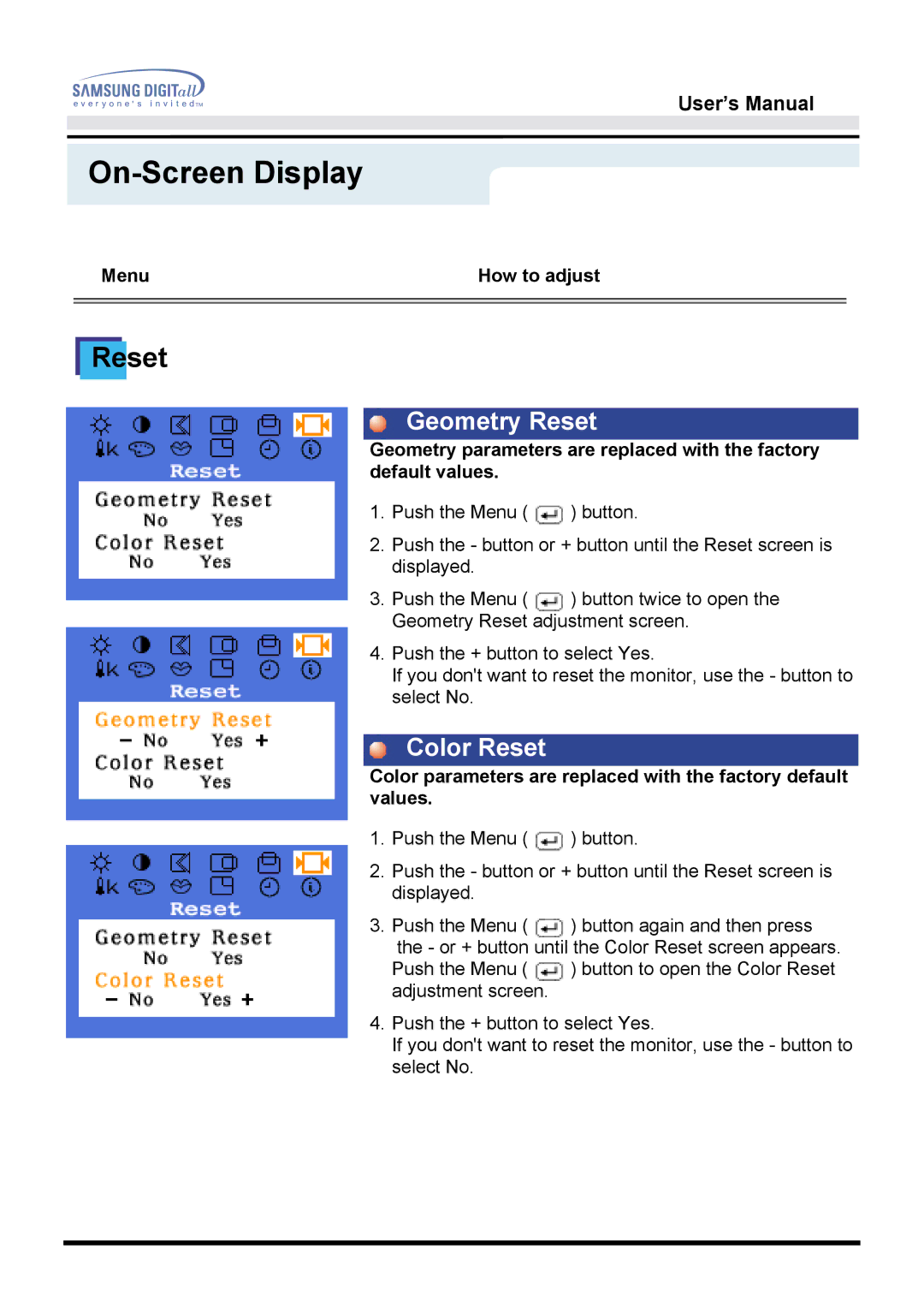 Samsung 172T, 172B manual Geometry Reset, Color Reset 