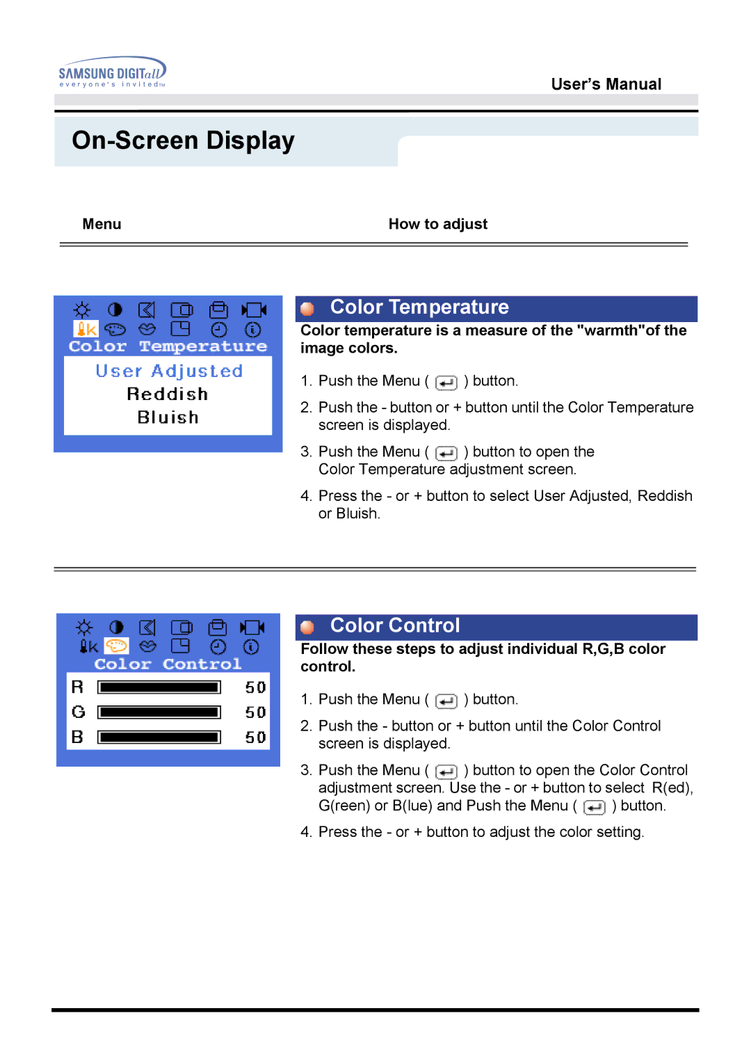 Samsung 172B, 172T manual Color Temperature, Color Control 