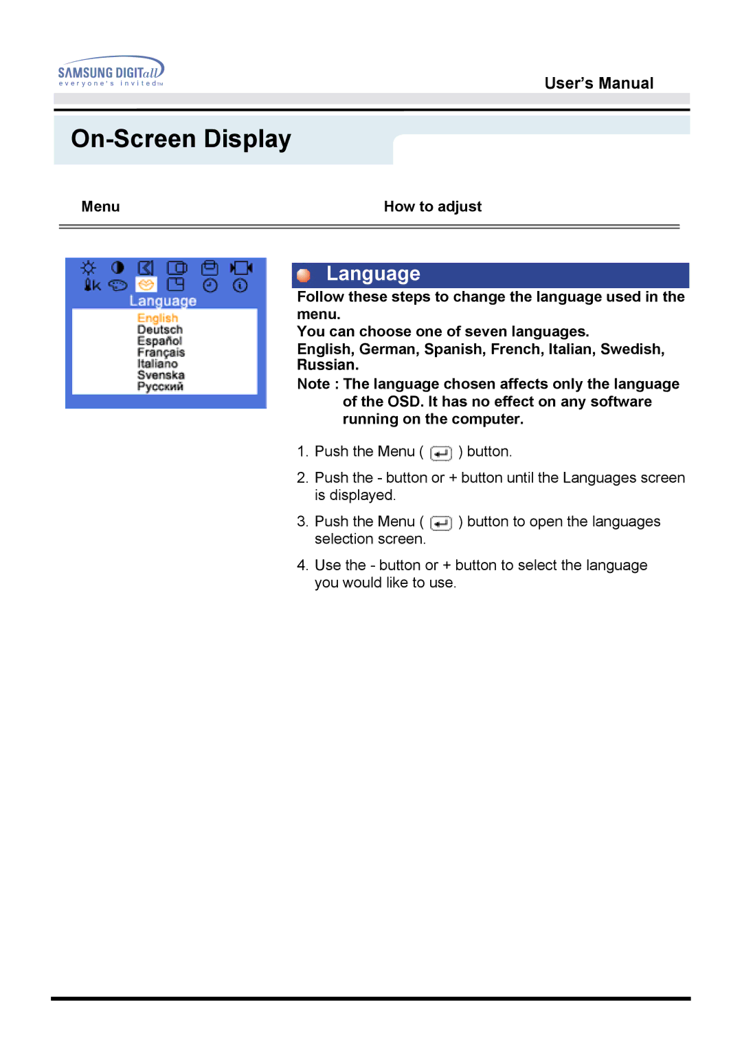 Samsung 172T, 172B manual Language 