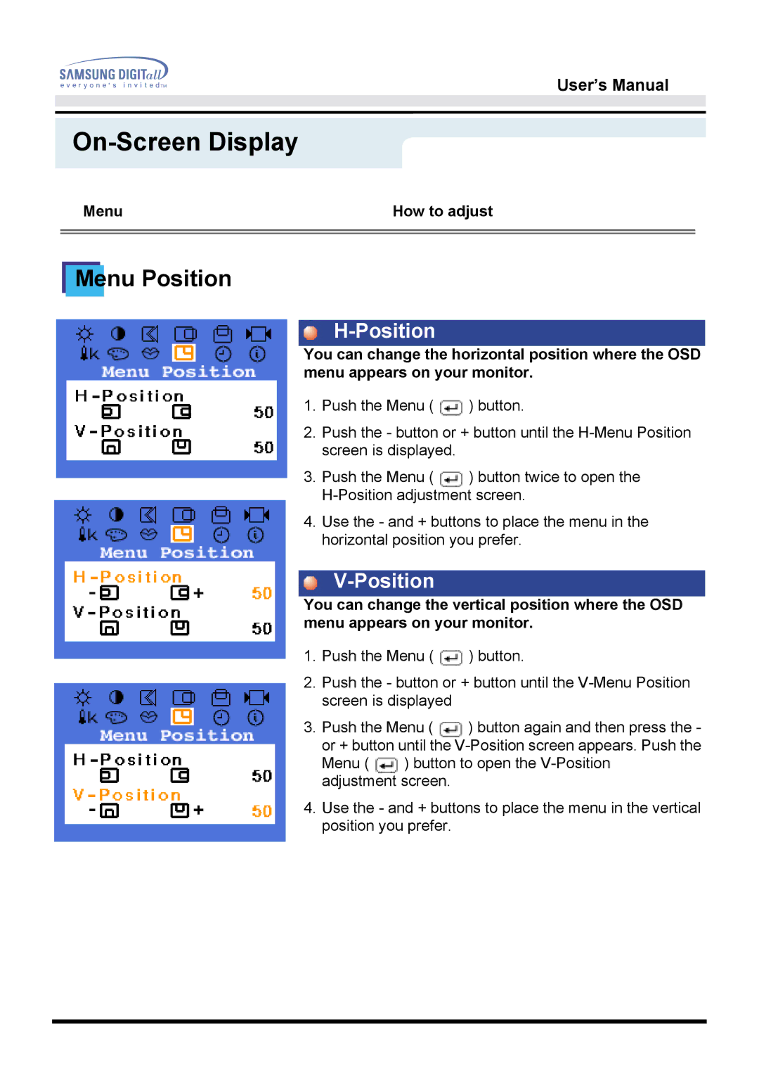 Samsung 172B, 172T manual Menu Position 