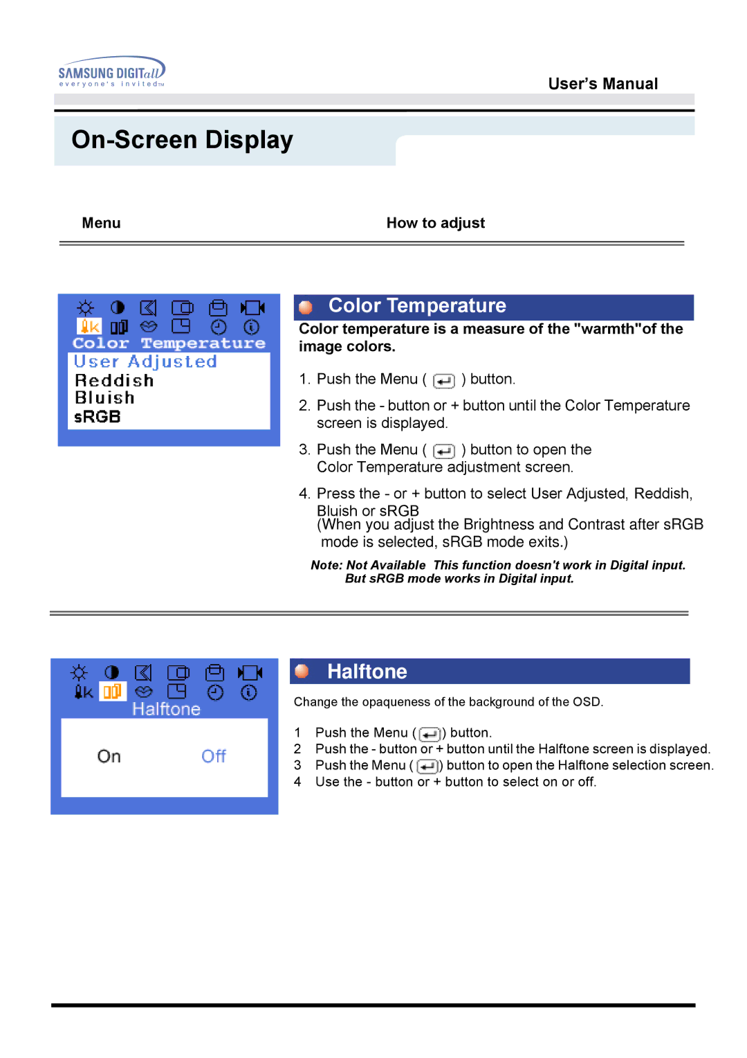 Samsung 172T, 172B manual Color Temperature, Halftone 