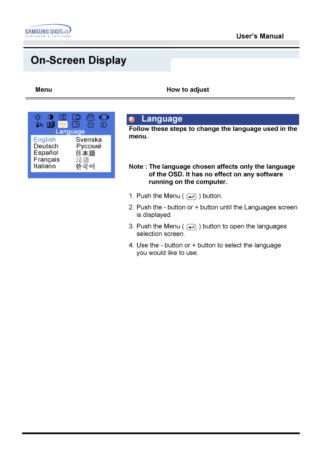 Samsung 172B, 172T manual Follow these steps to change the language used in the menu 