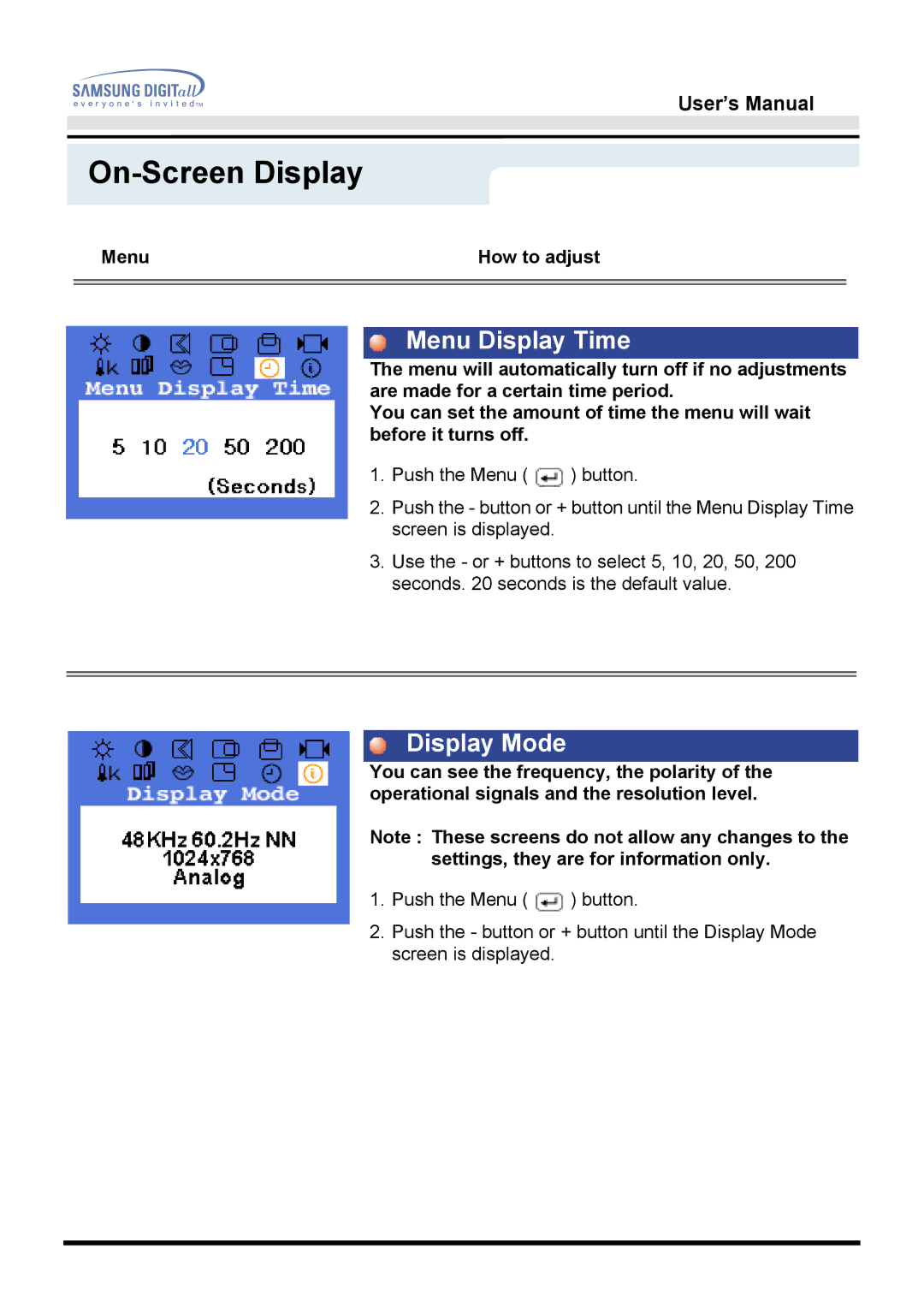 Samsung 172B, 172T manual Menu Display Time 