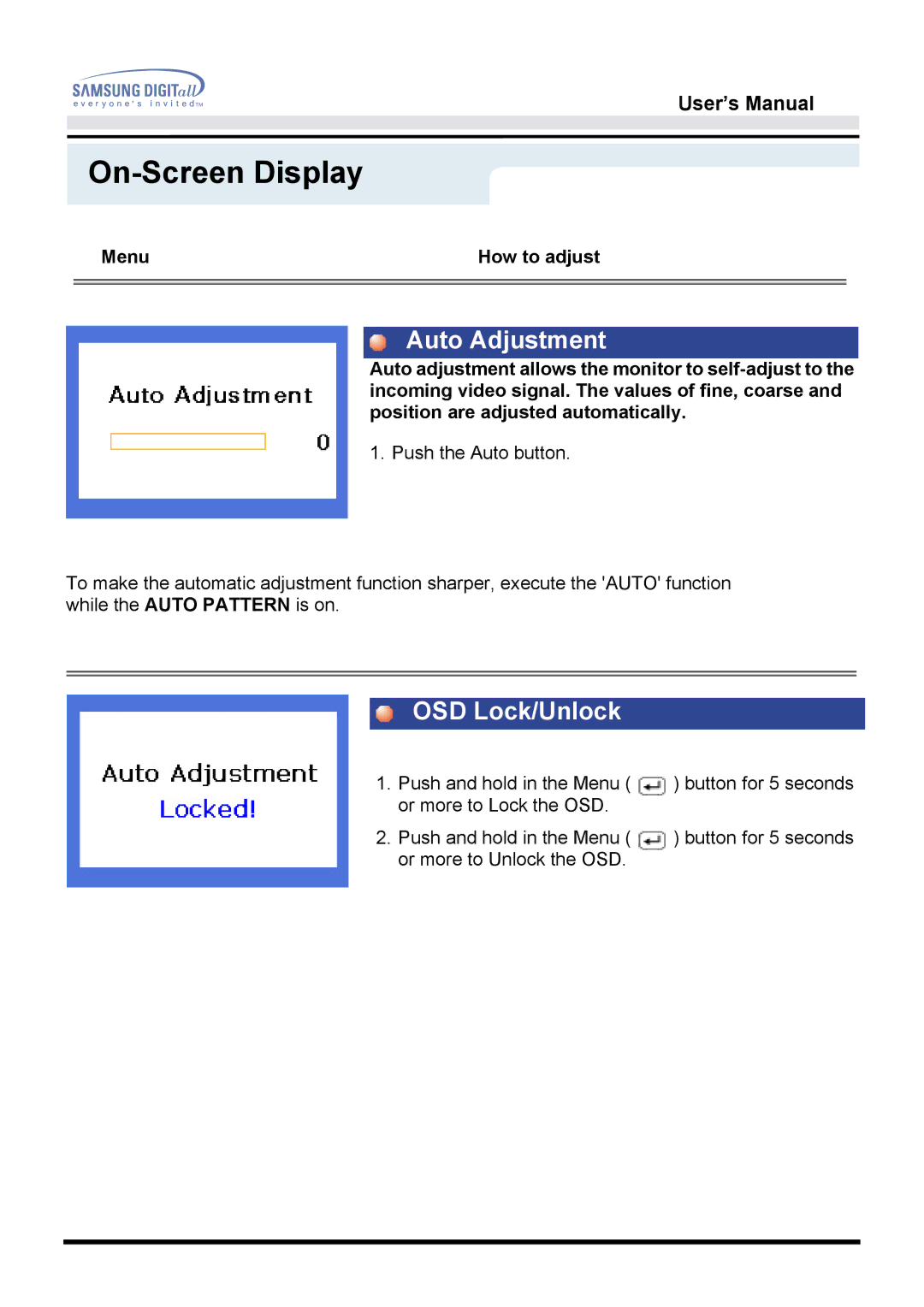 Samsung 172T, 172B manual Auto Adjustment 