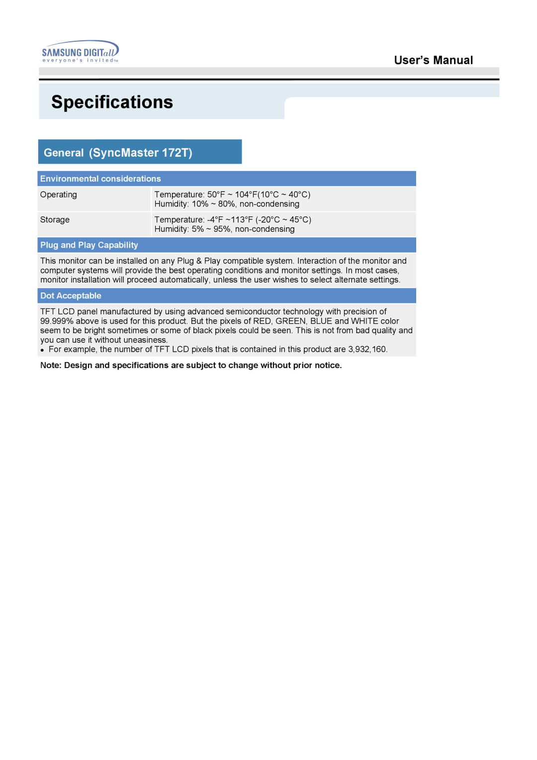 Samsung 172T, 172B manual Specifications 