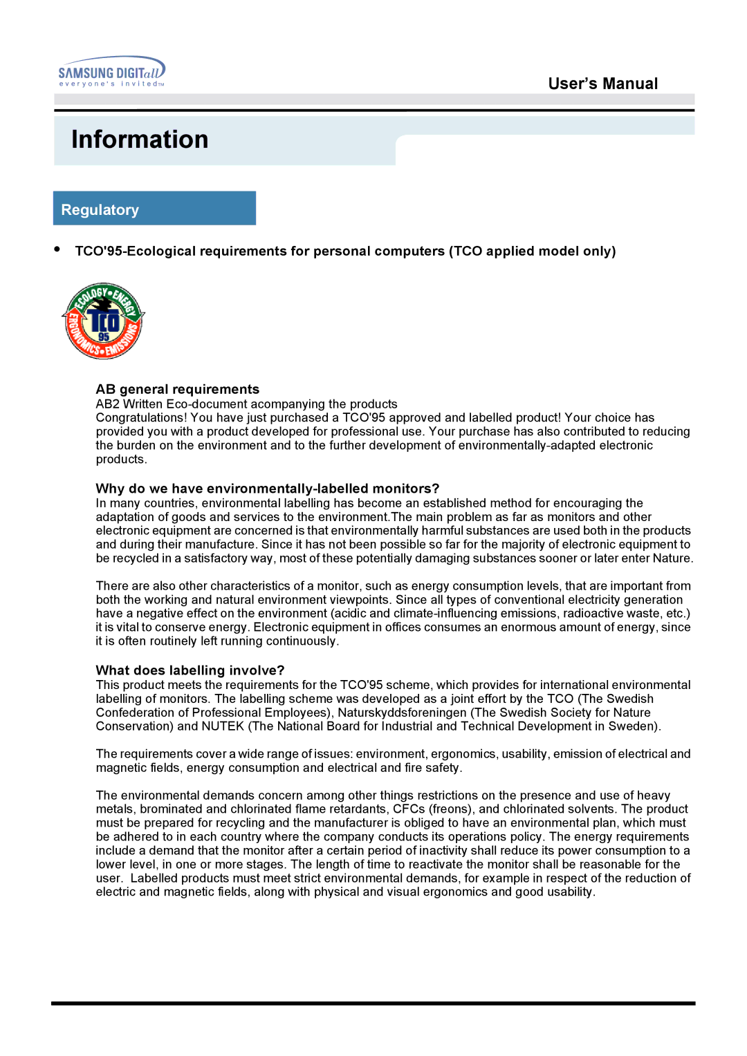 Samsung 172T, 172B manual Why do we have environmentally-labelled monitors?, What does labelling involve? 