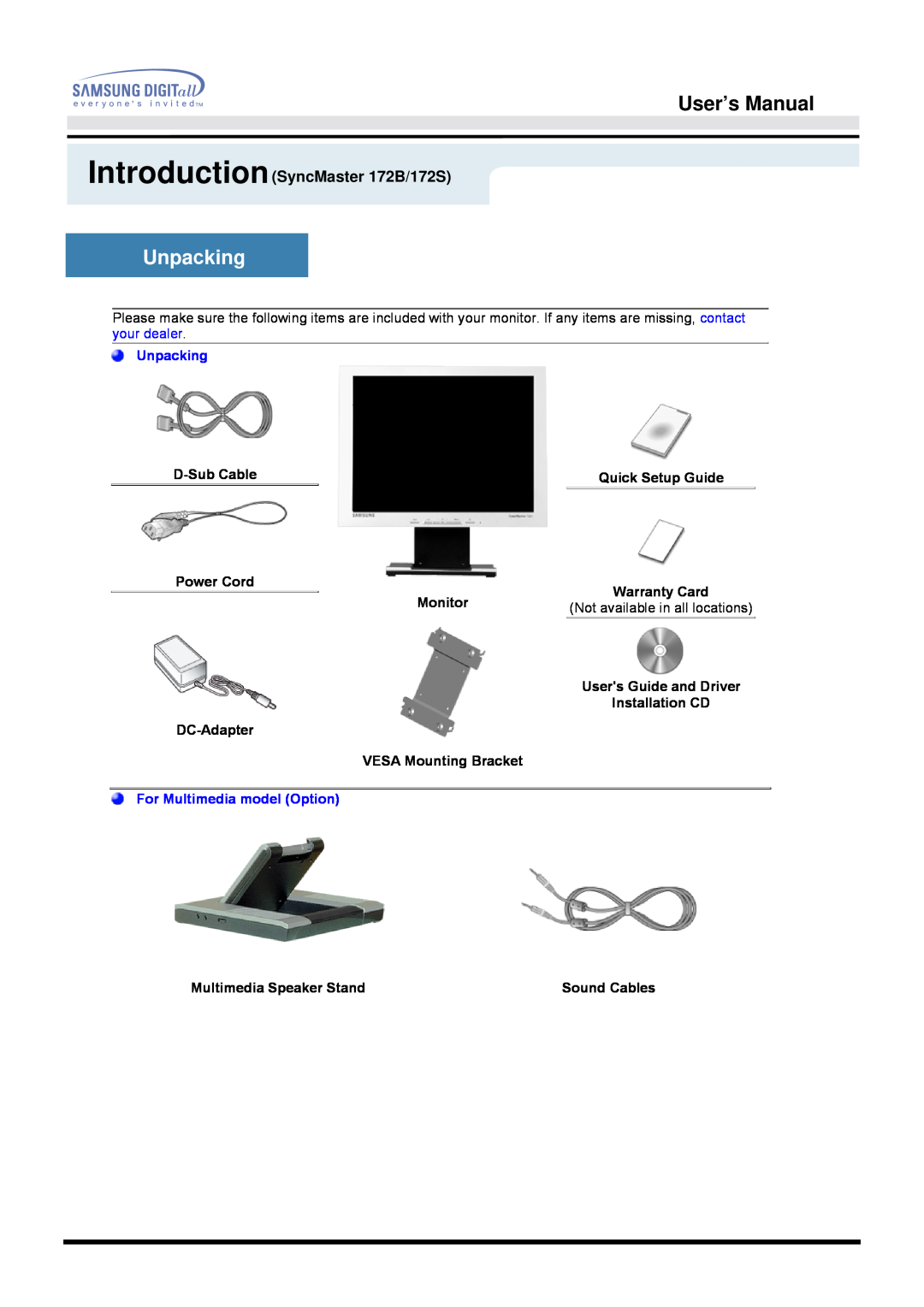 Samsung Unpacking, User’s Manual, IntroductionSyncMaster 172B/172S, D-Sub Cable, Quick Setup Guide, Power Cord, Monitor 