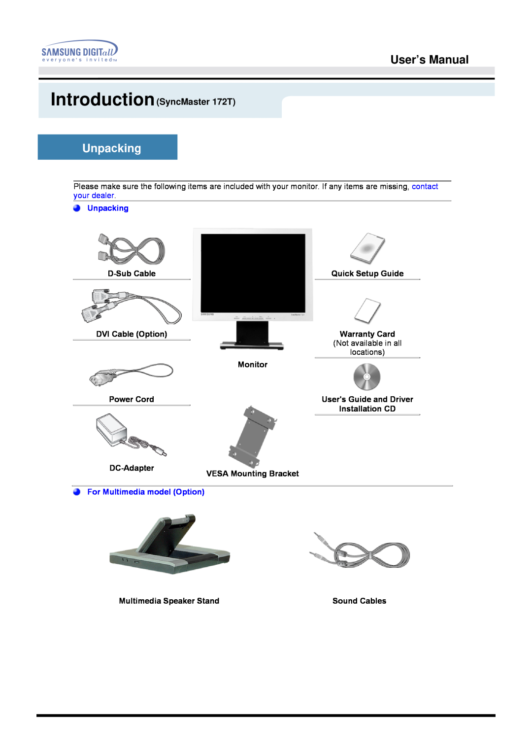 Samsung 172S manual User’s Manual, Unpacking, IntroductionSyncMaster 172T, D-Sub Cable, Quick Setup Guide, DVI Cable Option 