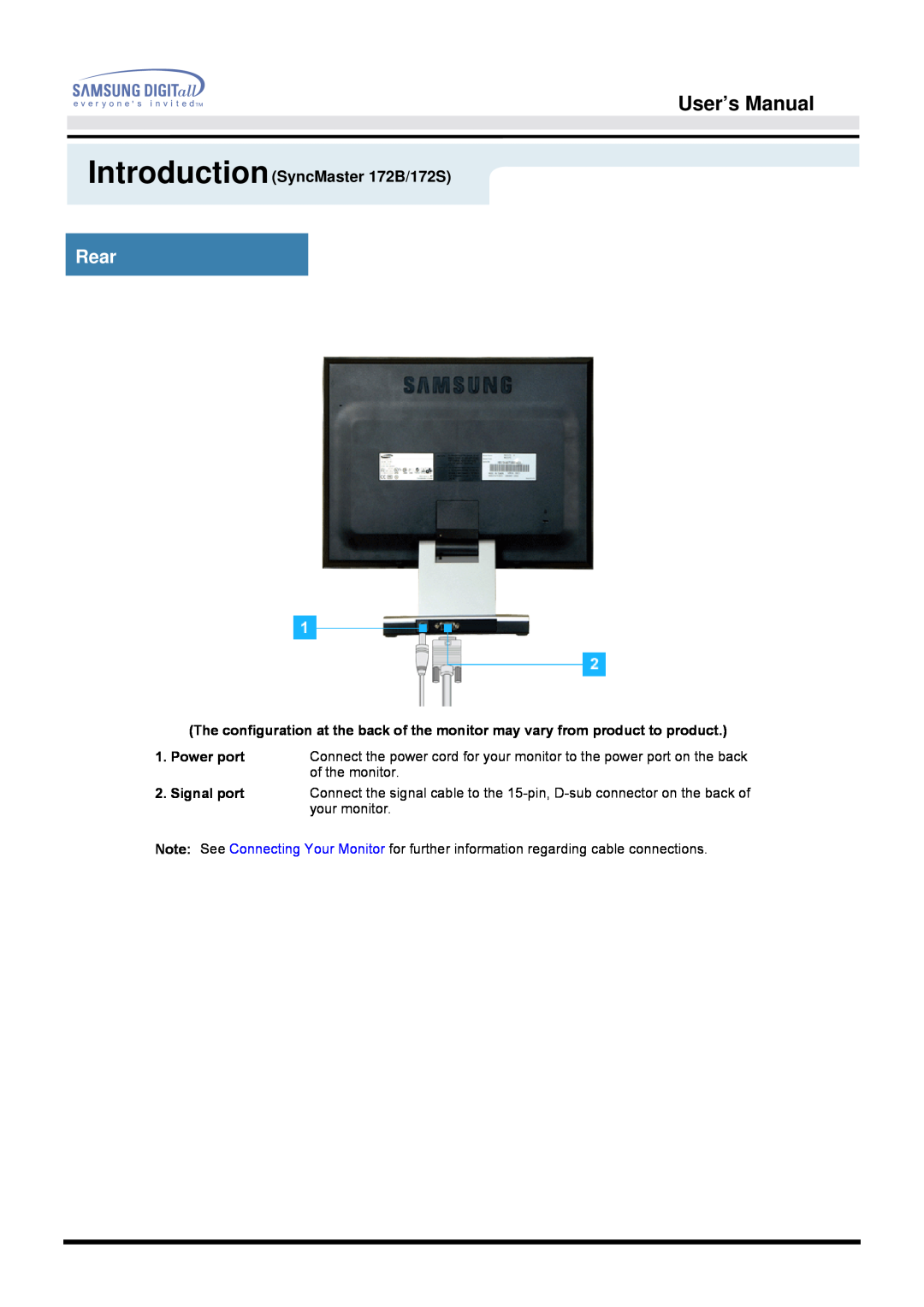 Samsung manual Rear, User’s Manual, IntroductionSyncMaster 172B/172S, Signal port 