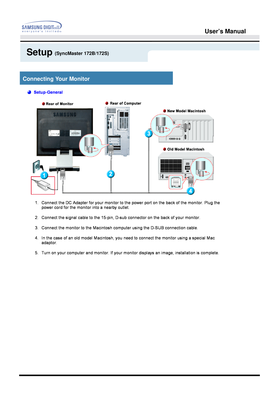 Samsung manual Connecting Your Monitor, User’s Manual, Setup SyncMaster 172B/172S, Setup-General 