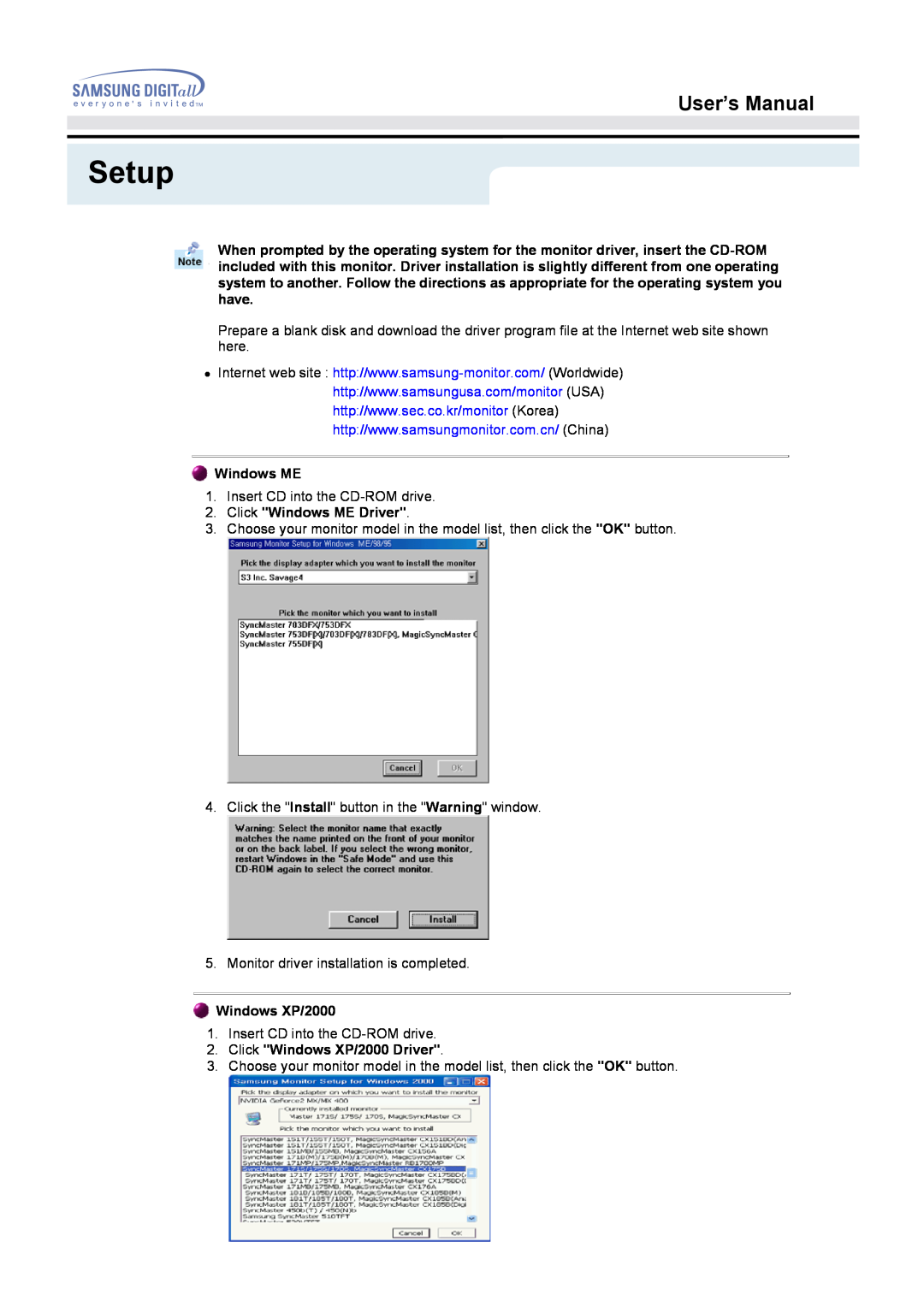 Samsung 172S manual Setup, User’s Manual, Click Windows ME Driver, Click Windows XP/2000 Driver 