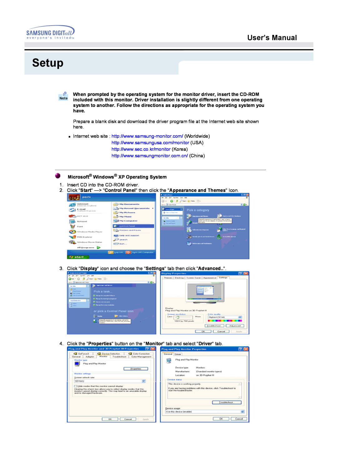 Samsung 172S manual Setup, User’s Manual, Microsoft Windows XP Operating System 