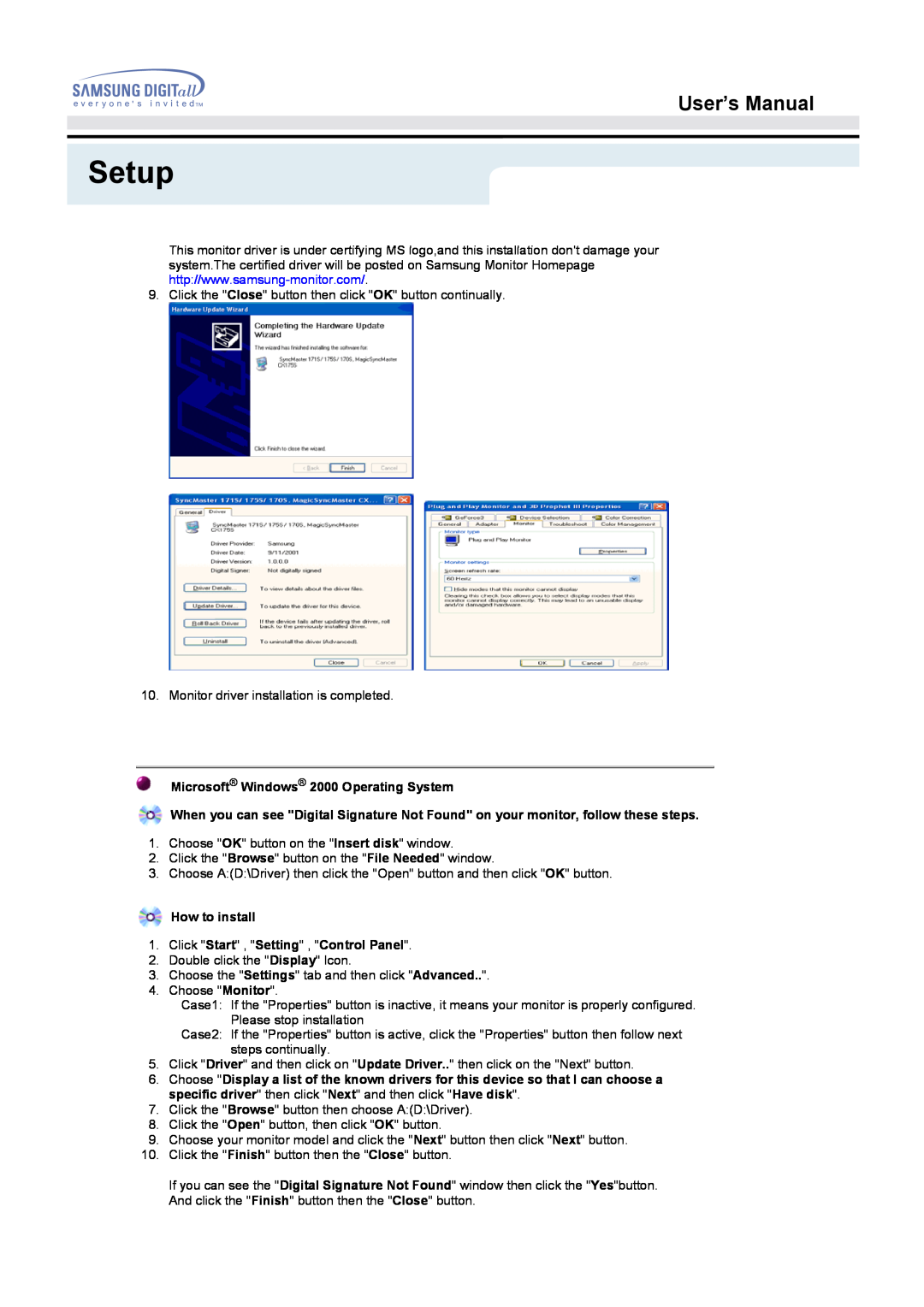 Samsung 172S manual Setup, User’s Manual, Microsoft Windows 2000 Operating System 