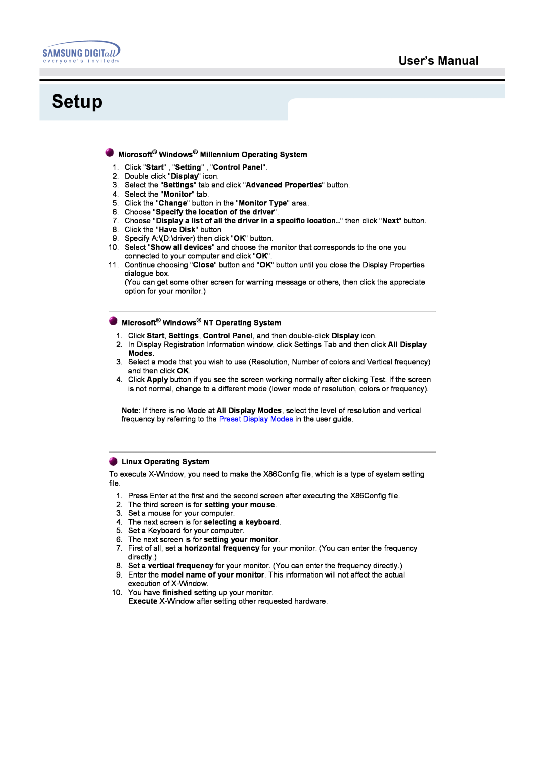 Samsung 172S Setup, User’s Manual, Microsoft Windows Millennium Operating System, Click Start , Setting , Control Panel 