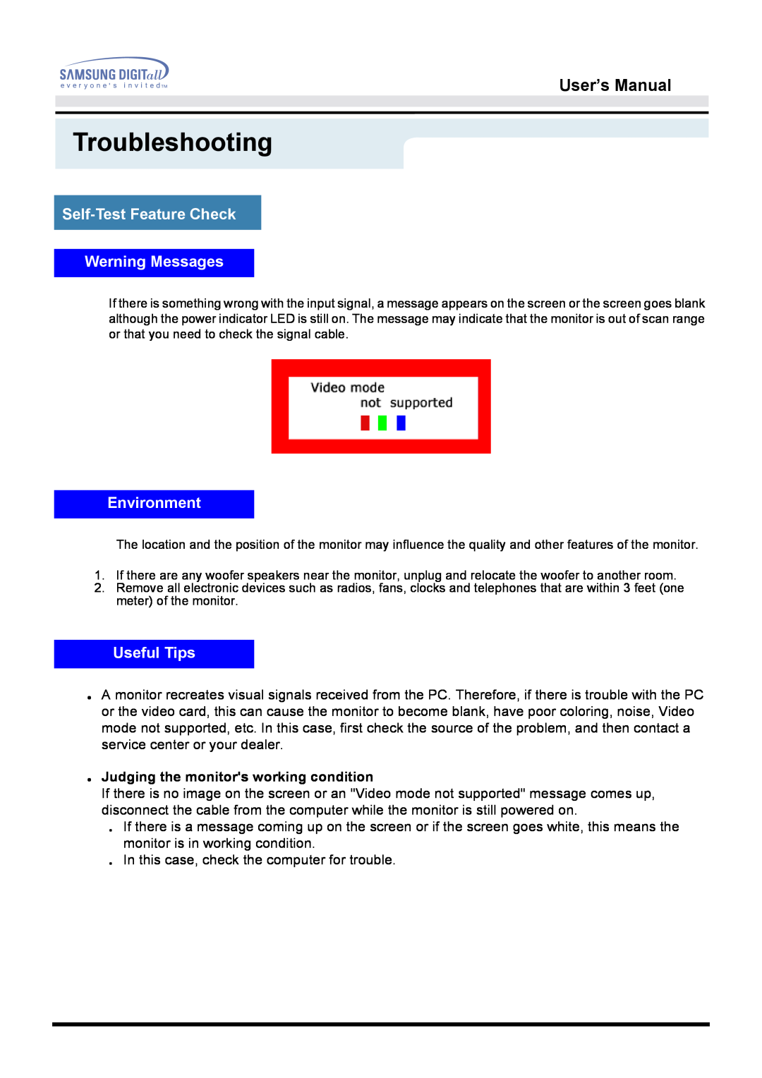 Samsung 172S manual Self-Test Feature Check Werning Messages, Environment, Useful Tips, Troubleshooting, User’s Manual 