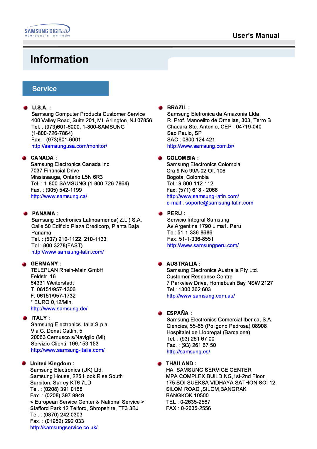 Samsung 172S Information, SeService, User’s Manual, U.S.A, Brazil, http//samsungusa.com/monitor, Canada, Colombia, Panama 