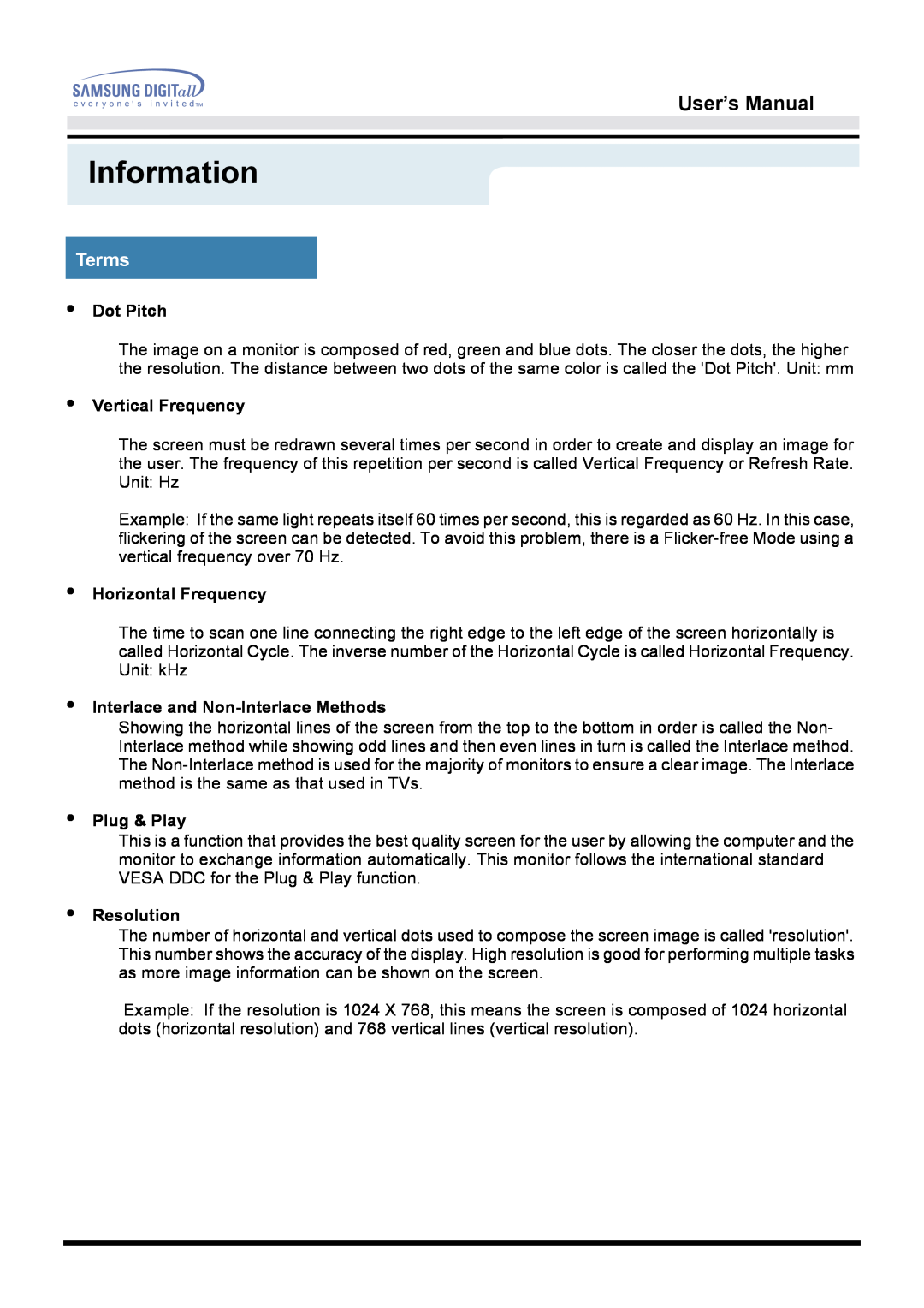 Samsung 172S manual Terms, Information, User’s Manual, Dot Pitch, Vertical Frequency, Horizontal Frequency, Plug & Play 