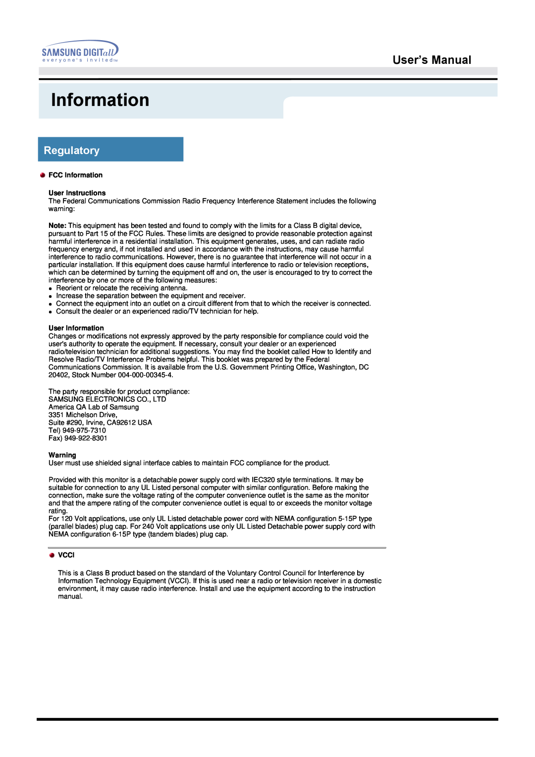 Samsung 172S manual Regulatory, User’s Manual, FCC Information User Instructions, User Information, Vcci 